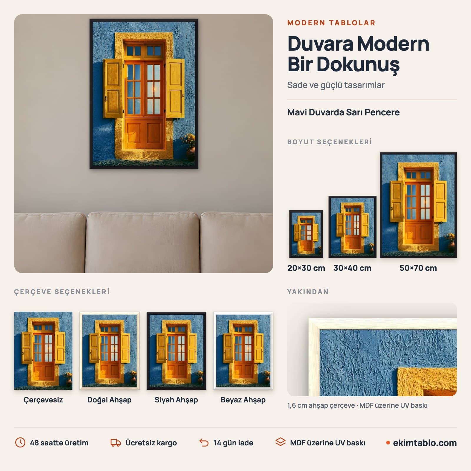 Mavi Duvarda Sarı Pencere — boyut ve çerçeve seçenekleri