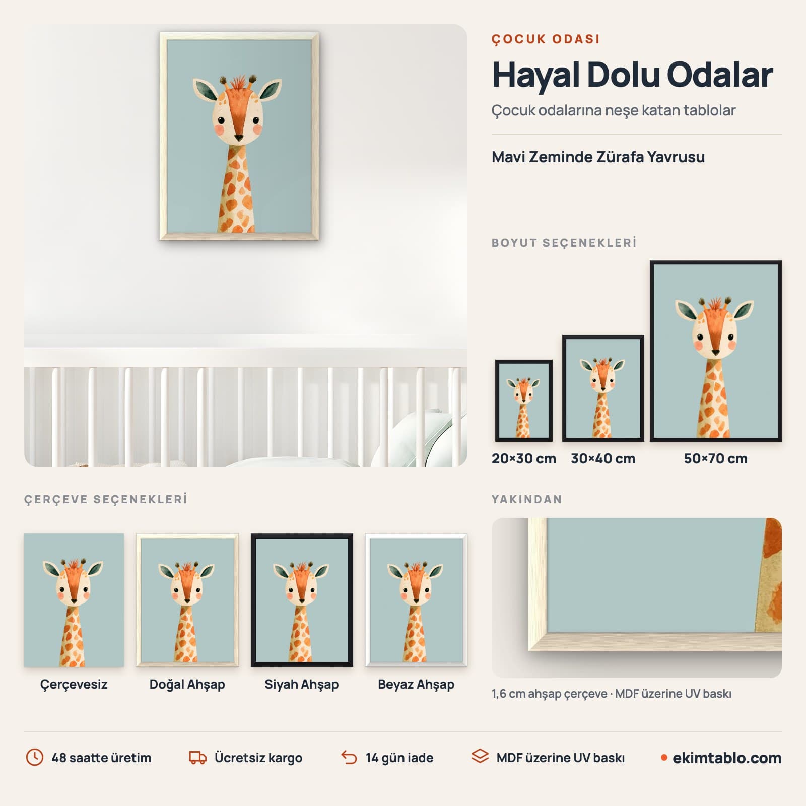 Mavi Zeminde Zürafa Yavrusu — boyut ve çerçeve seçenekleri