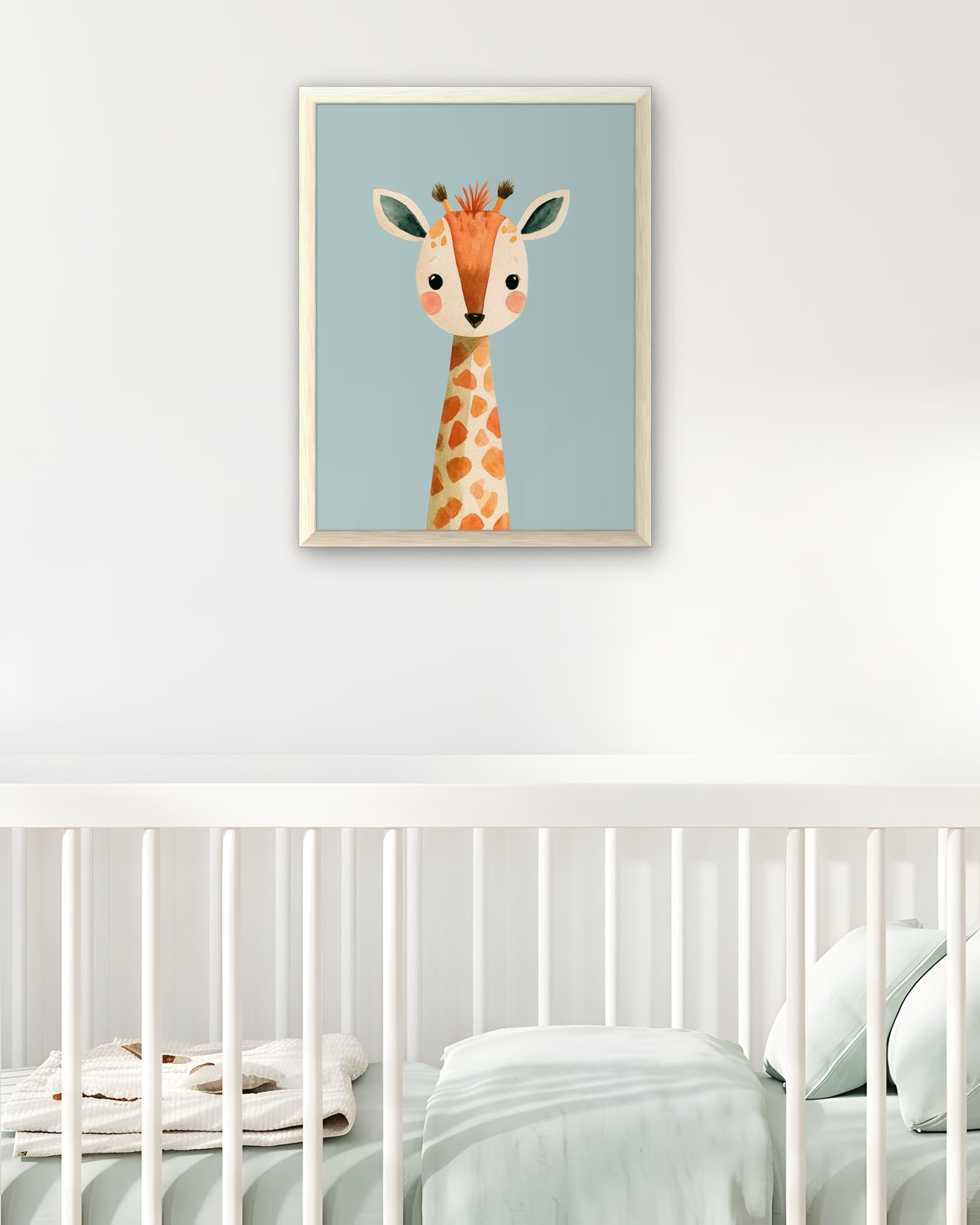 Mavi Zeminde Zürafa Yavrusu — Çocuk Odası Duvar Tablosu, duvarda oda görünümü