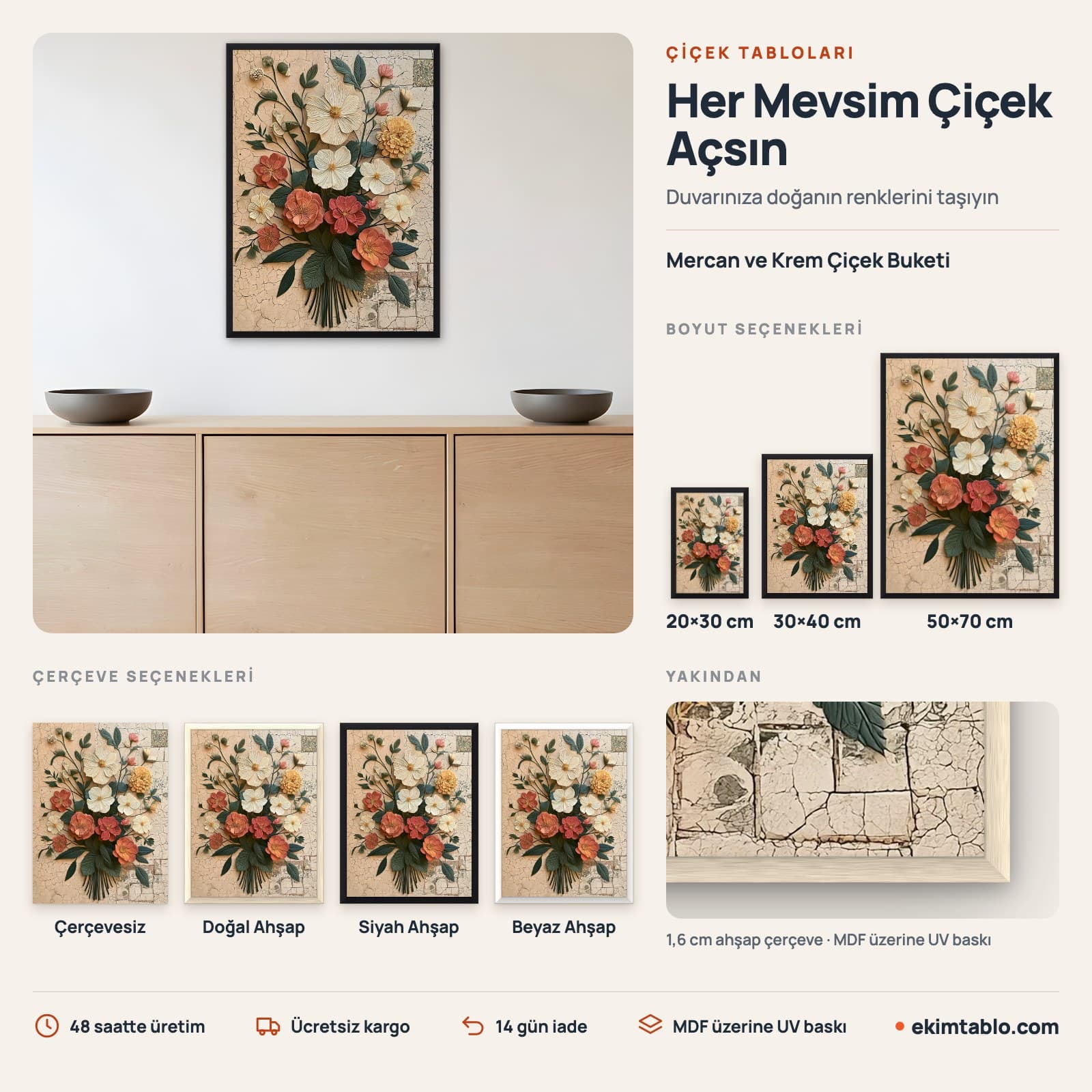Mercan ve Krem Çiçek Buketi — boyut ve çerçeve seçenekleri