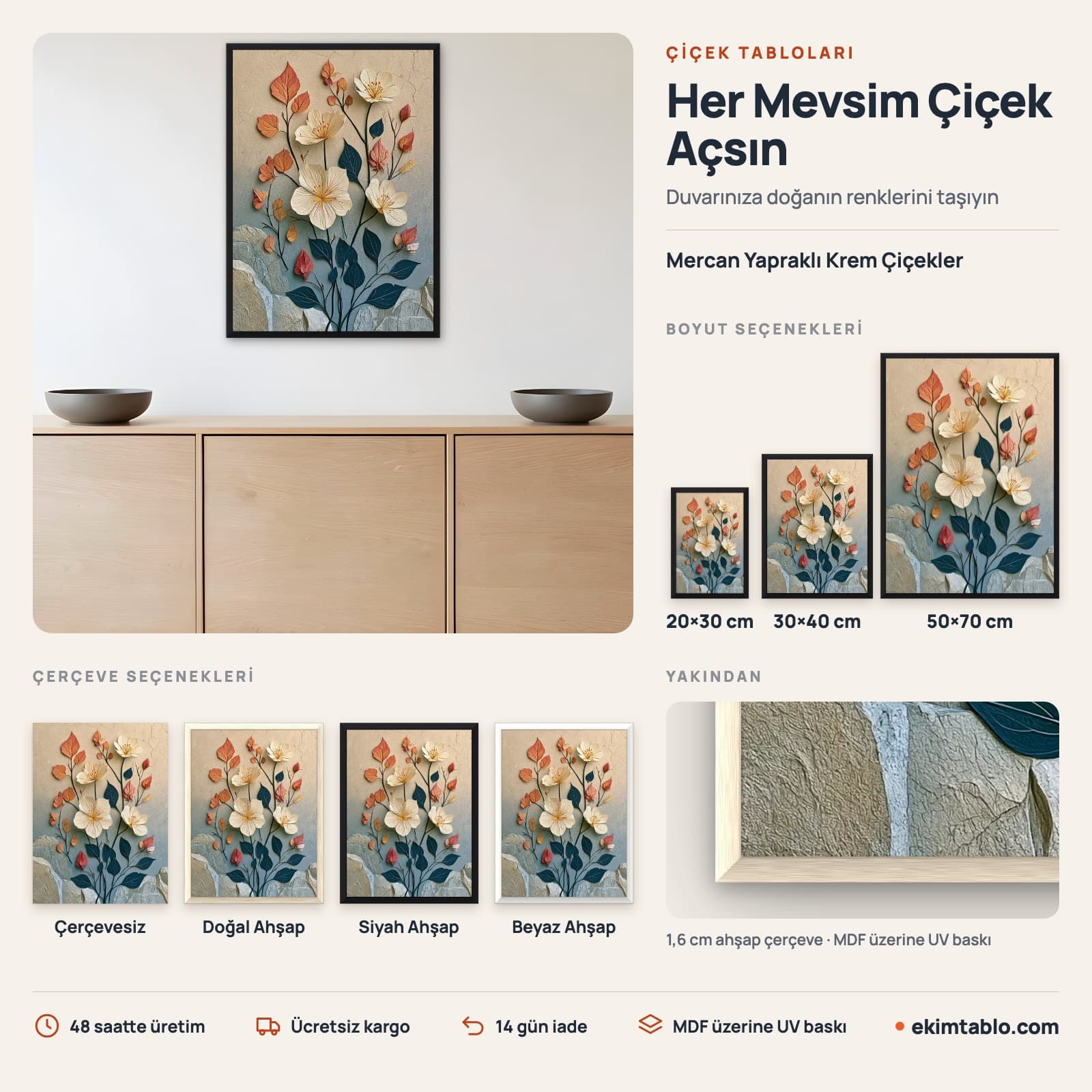 Mercan Yapraklı Krem Çiçekler — boyut ve çerçeve seçenekleri