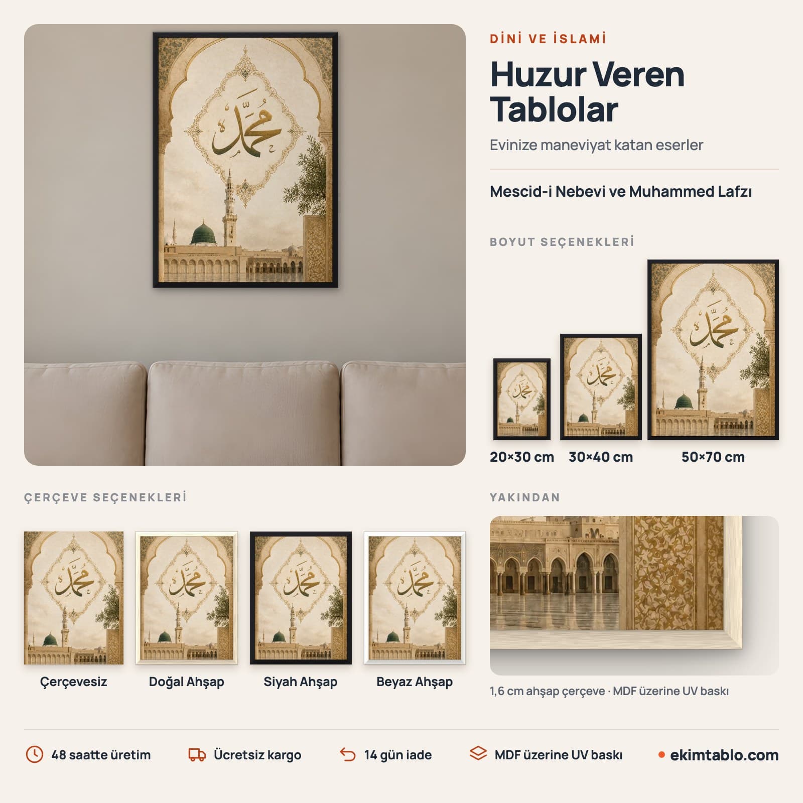 Mescid-i Nebevi ve Muhammed Lafzı — boyut ve çerçeve seçenekleri