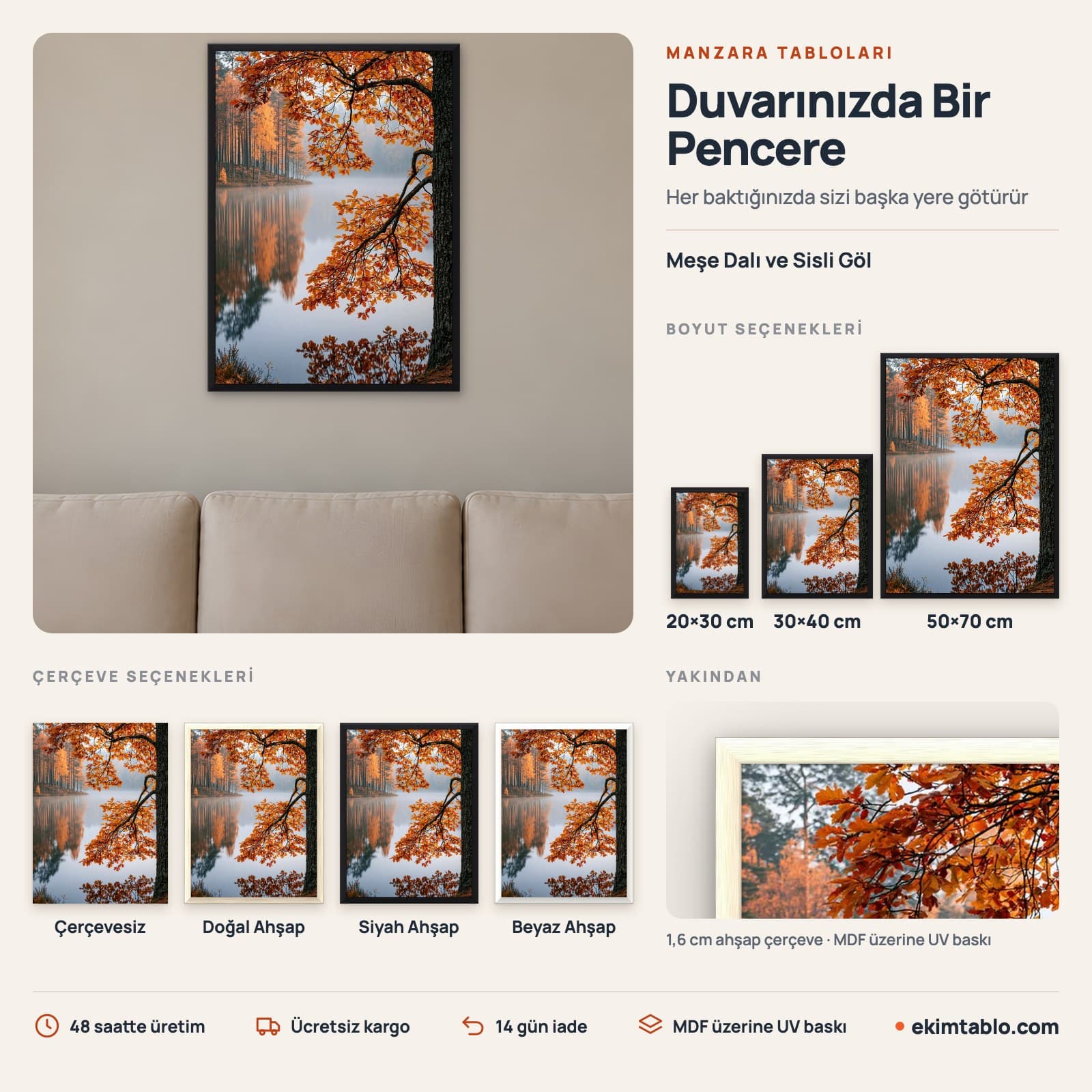 Meşe Dalı ve Sisli Göl — boyut ve çerçeve seçenekleri
