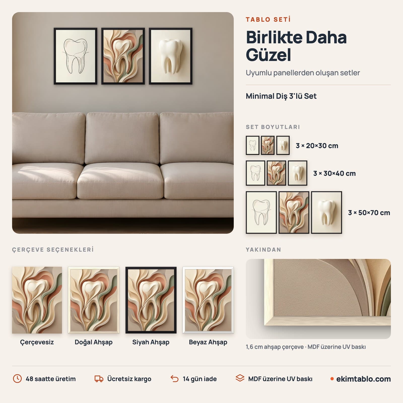 Minimal Diş 3'lü Set — boyut ve çerçeve seçenekleri