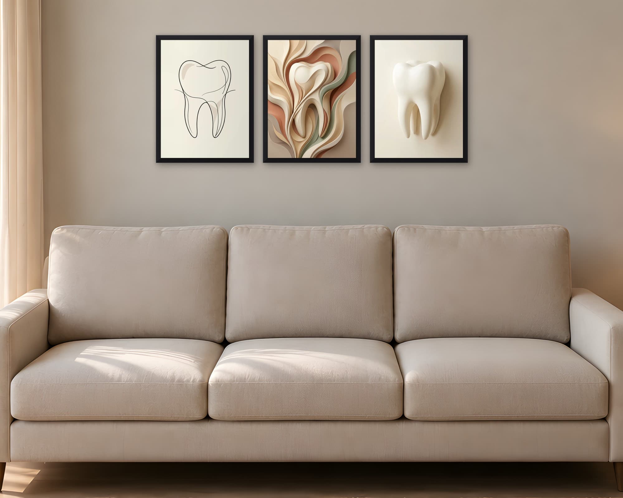 Minimal Diş 3'lü Set — Tablo Seti, duvarda oda görünümü