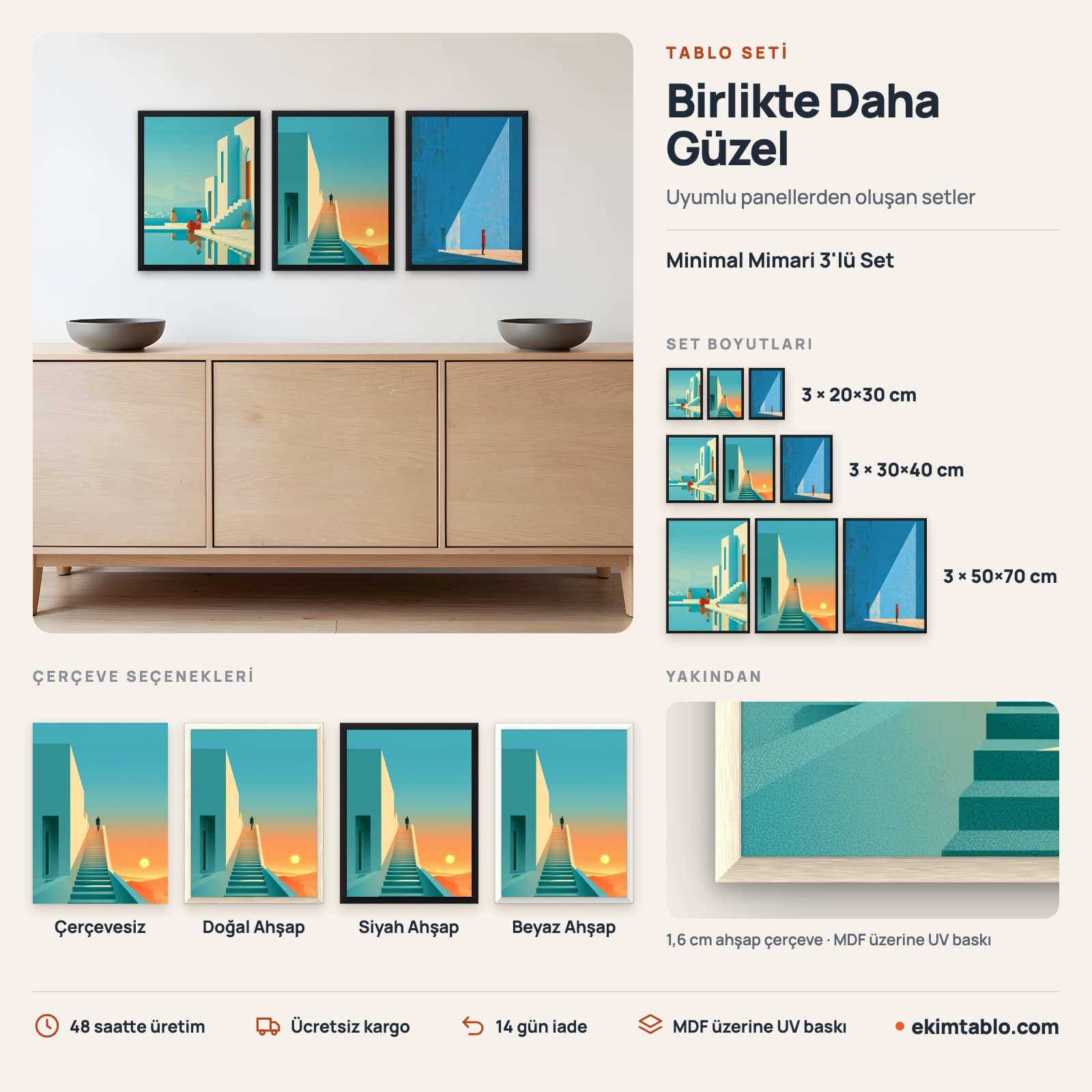 Minimal Mimari 3'lü Set — boyut ve çerçeve seçenekleri