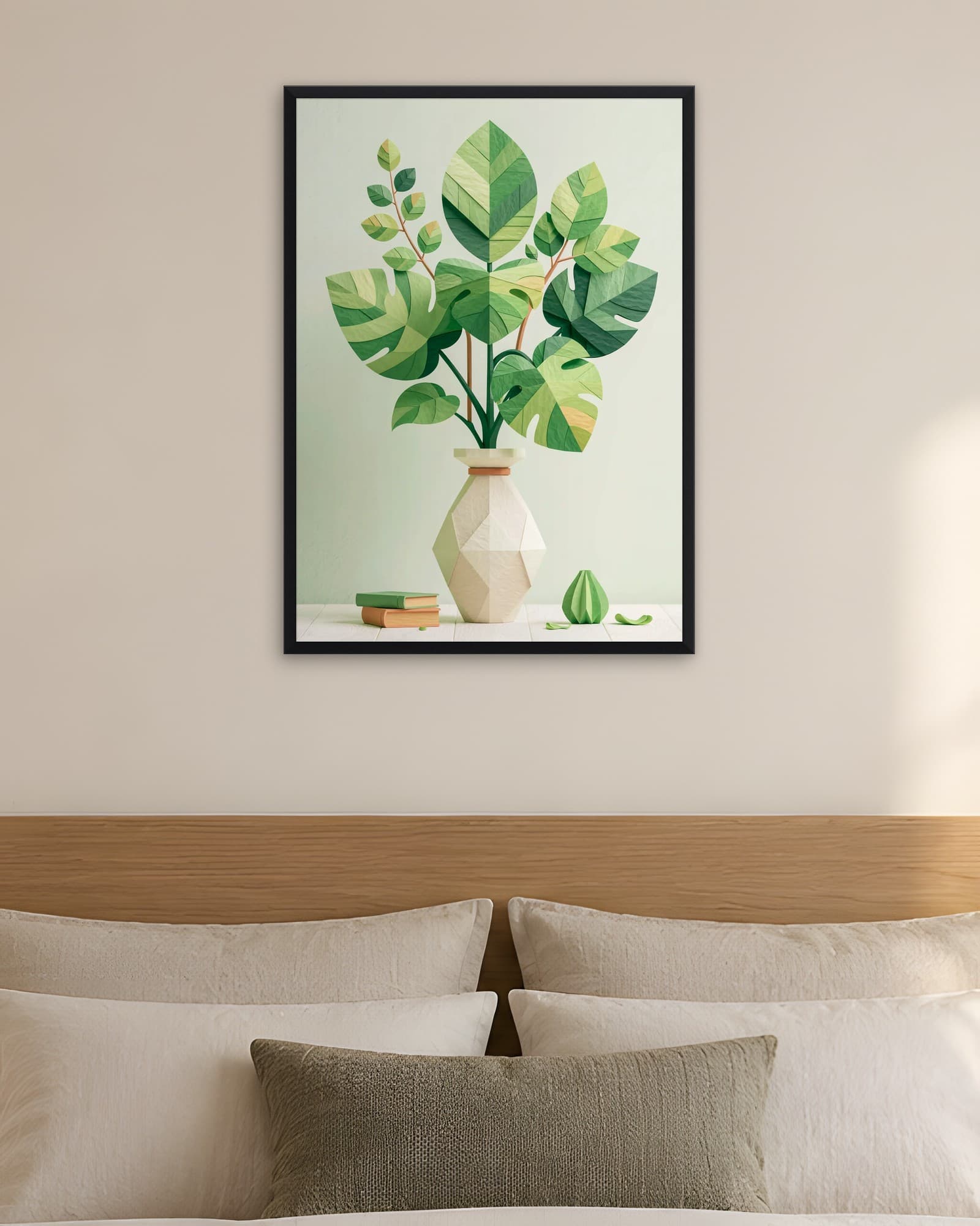 Mint Zeminde Monstera Yaprakları — Soyut Çiçek Duvar Tablosu, duvarda oda görünümü