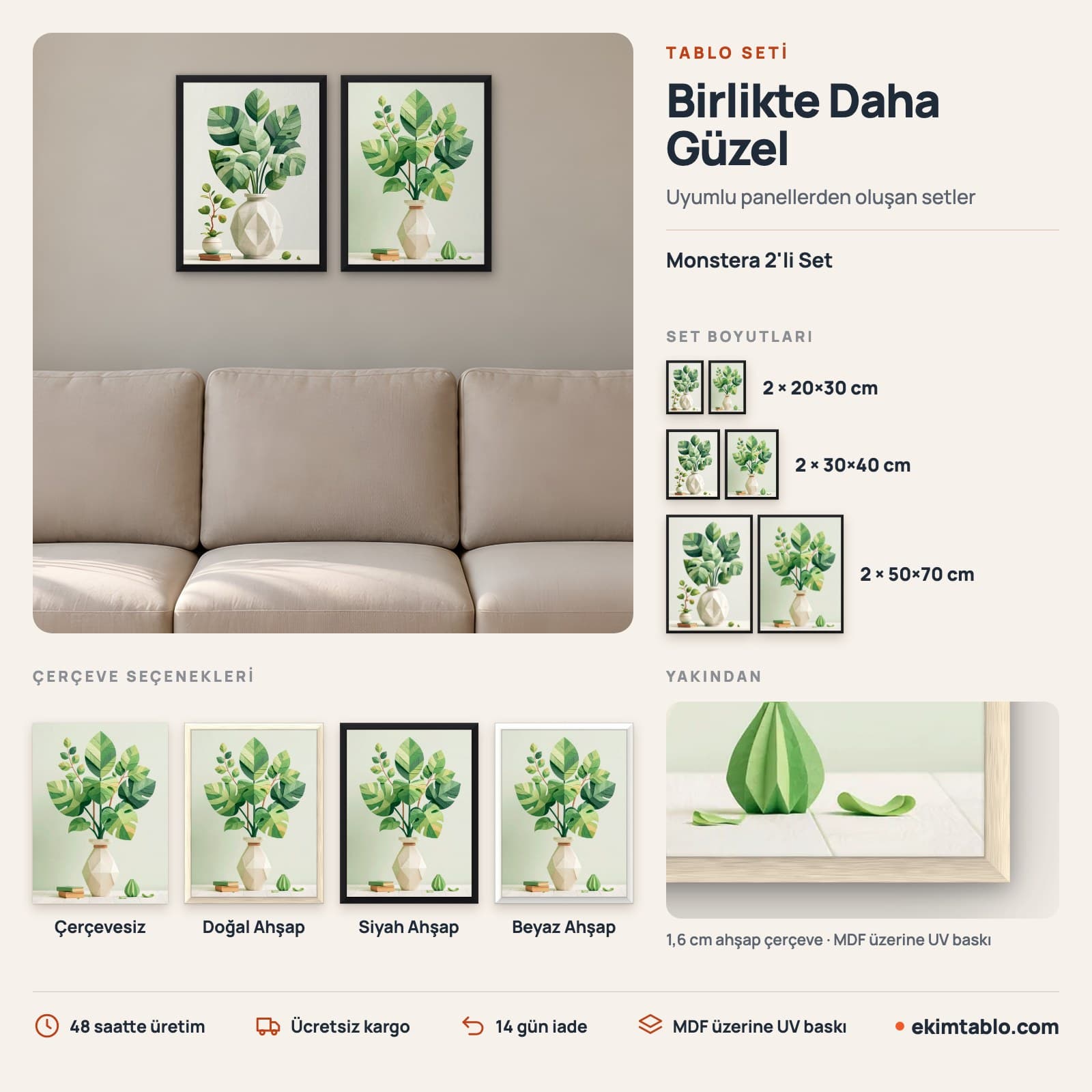 Monstera 2'li Set — boyut ve çerçeve seçenekleri