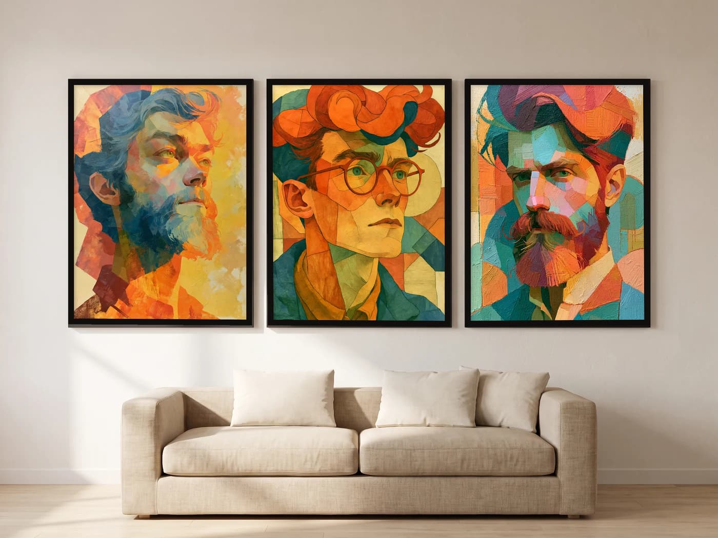 Mozaik Portre 3'lü Set — Tablo Seti, duvarda oda görünümü