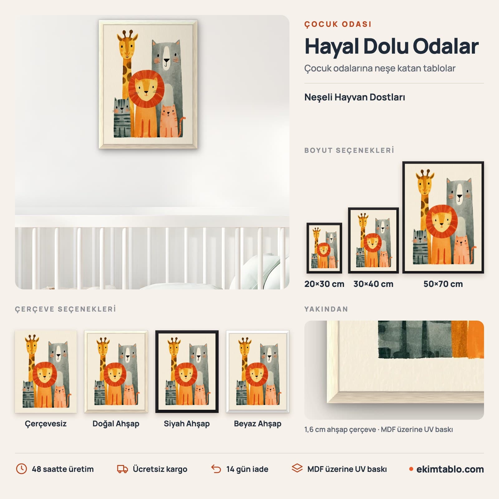 Neşeli Hayvan Dostları — boyut ve çerçeve seçenekleri