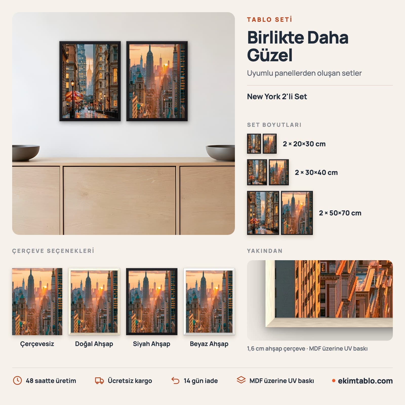 New York 2'li Set — boyut ve çerçeve seçenekleri
