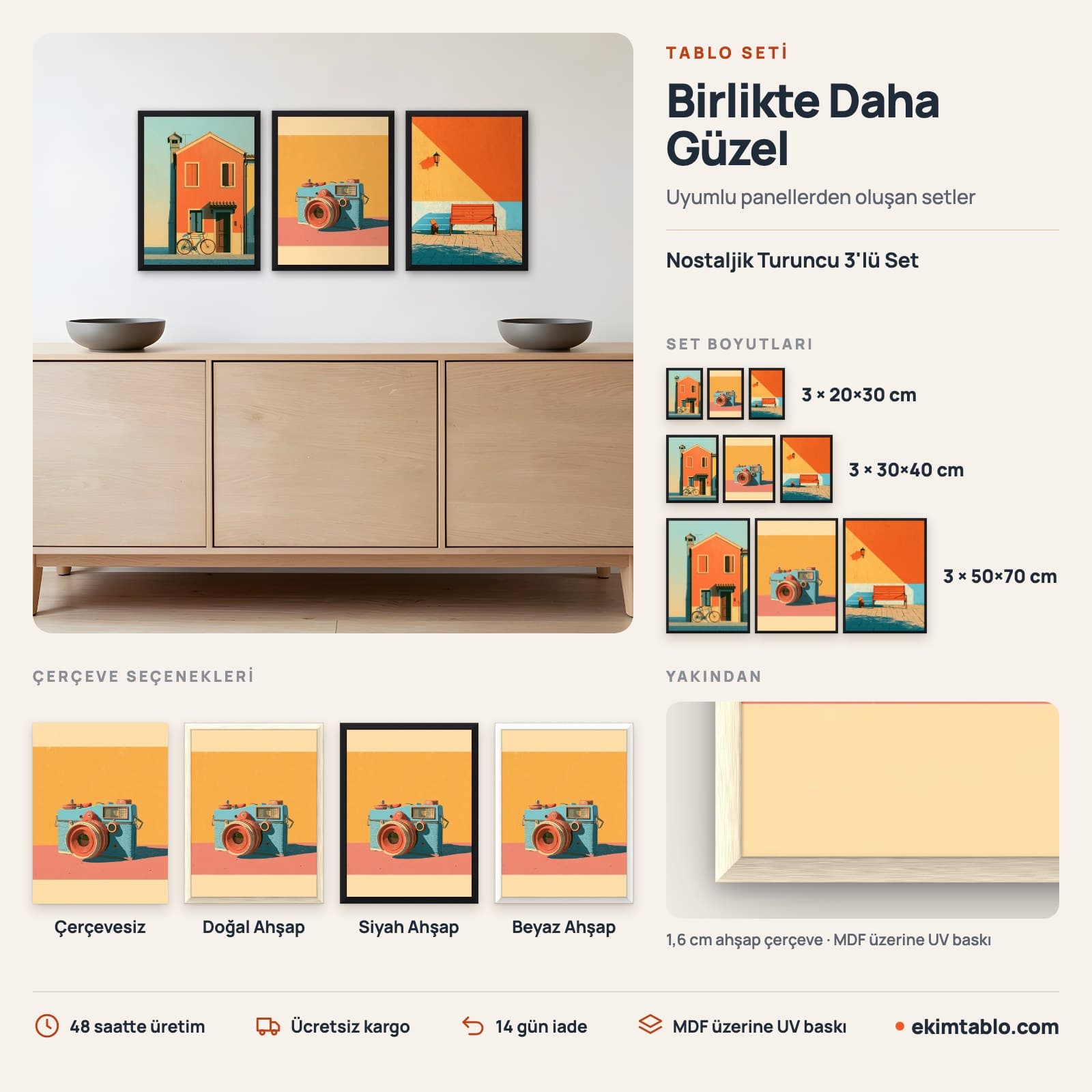 Nostaljik Turuncu 3'lü Set — boyut ve çerçeve seçenekleri
