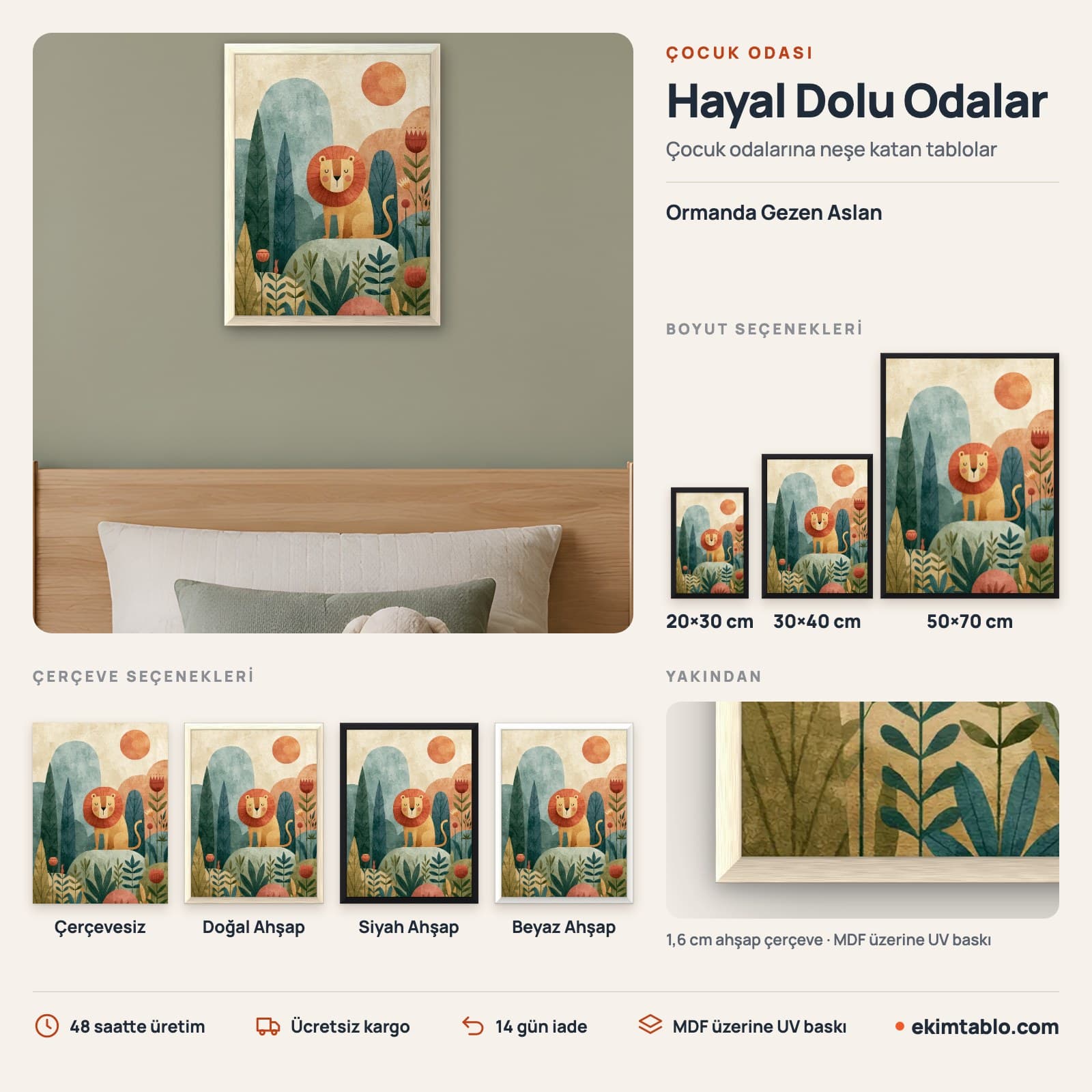 Ormanda Gezen Aslan — boyut ve çerçeve seçenekleri