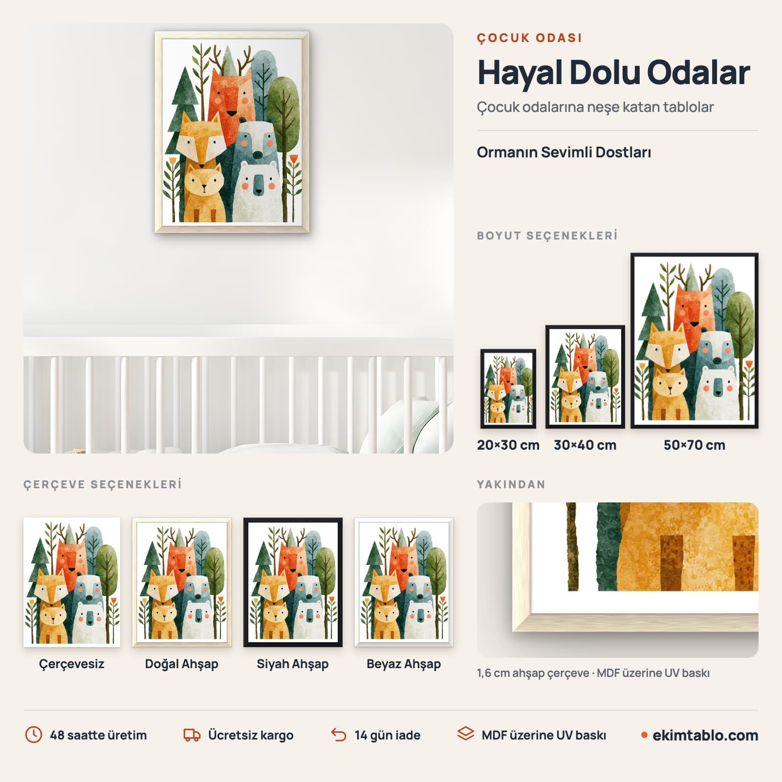 Ormanın Sevimli Dostları — boyut ve çerçeve seçenekleri