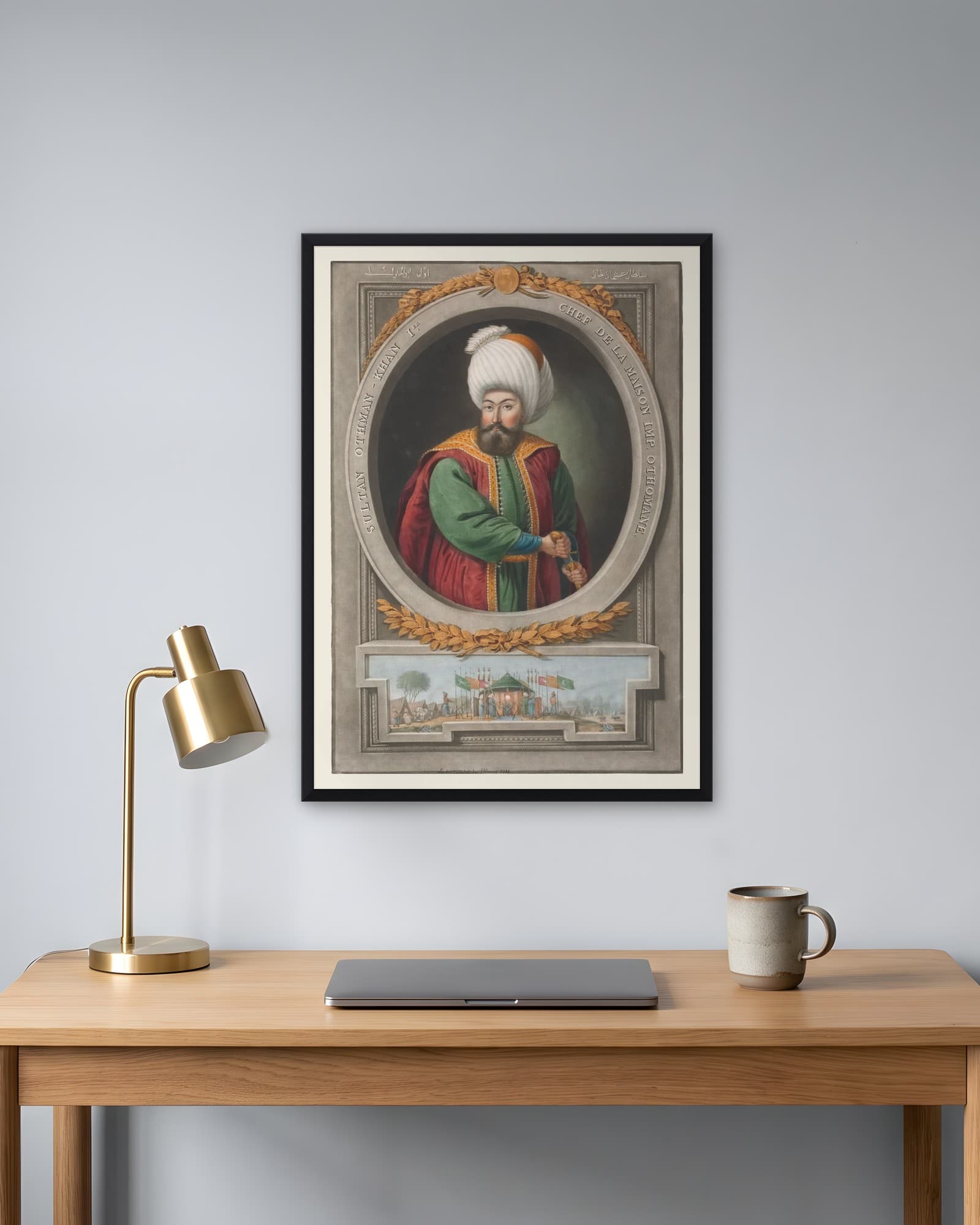 Osman Gazi Gravür Portresi — Osmanlı Padişahı Tablosu, duvarda oda görünümü
