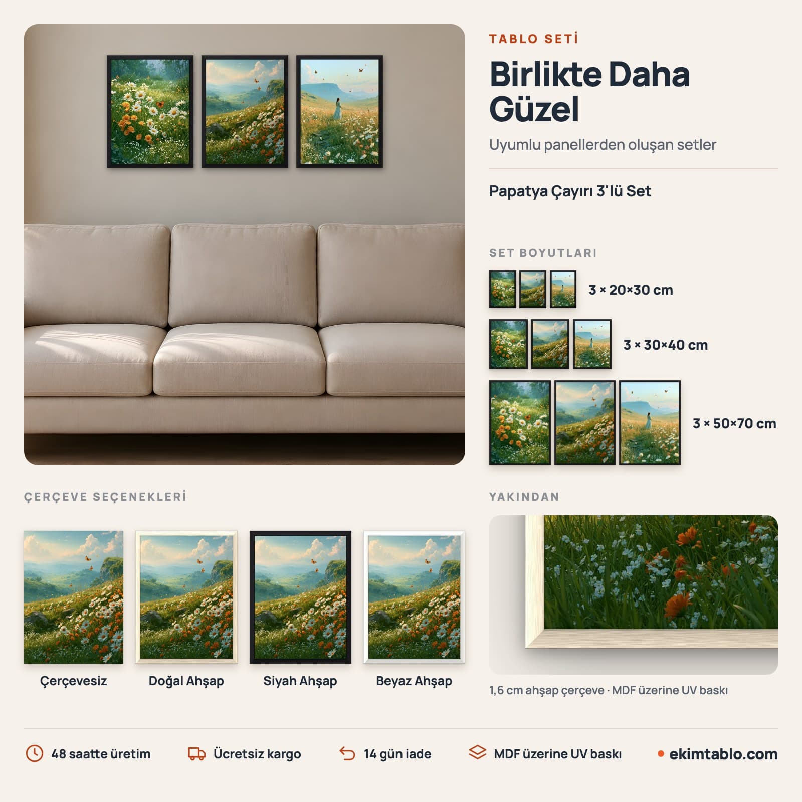 Papatya Çayırı 3'lü Set — boyut ve çerçeve seçenekleri