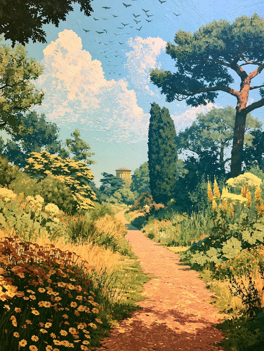 Papatyalı Park Yolu ve Kuşlar — kır temalı UV baskı tablo