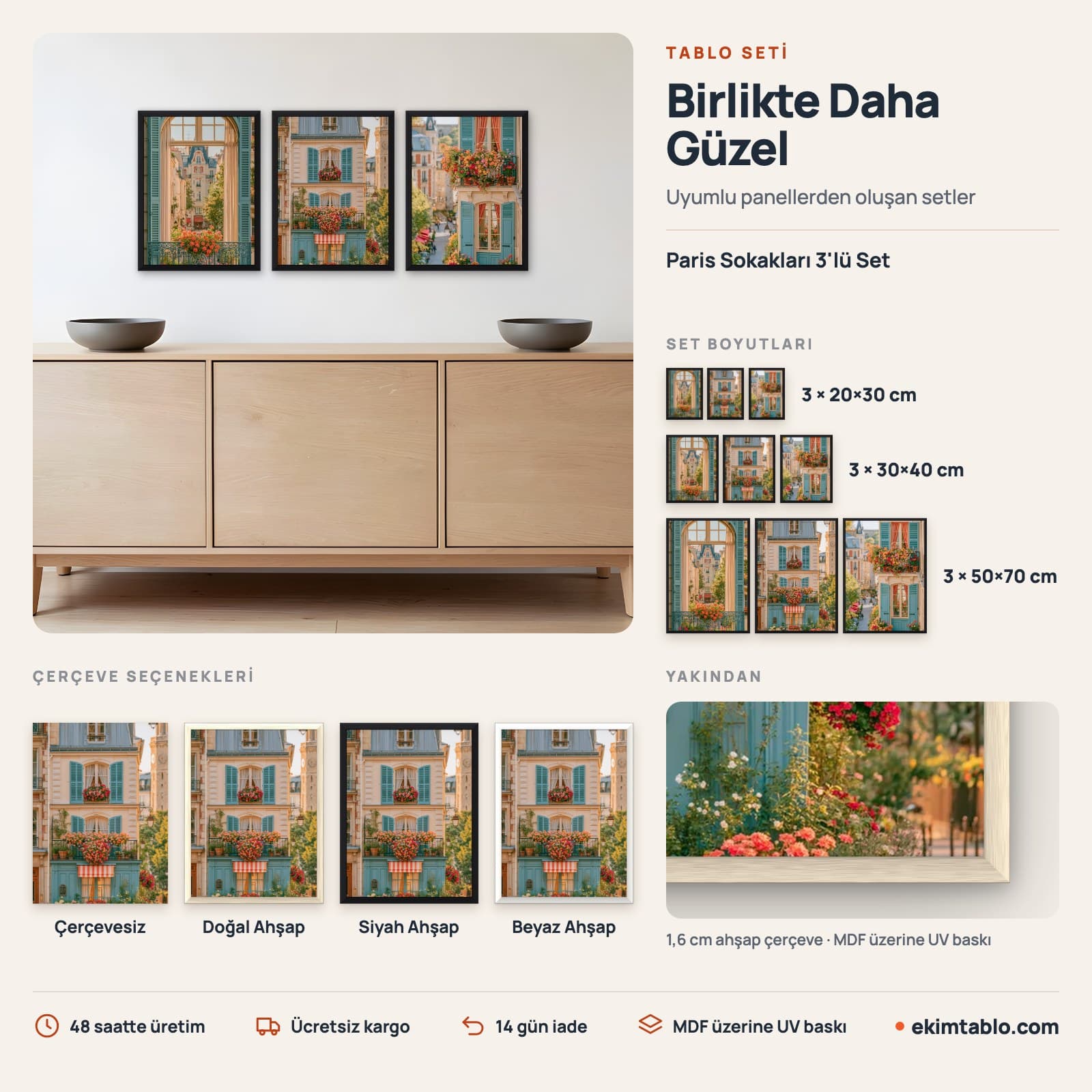 Paris Sokakları 3'lü Set — boyut ve çerçeve seçenekleri