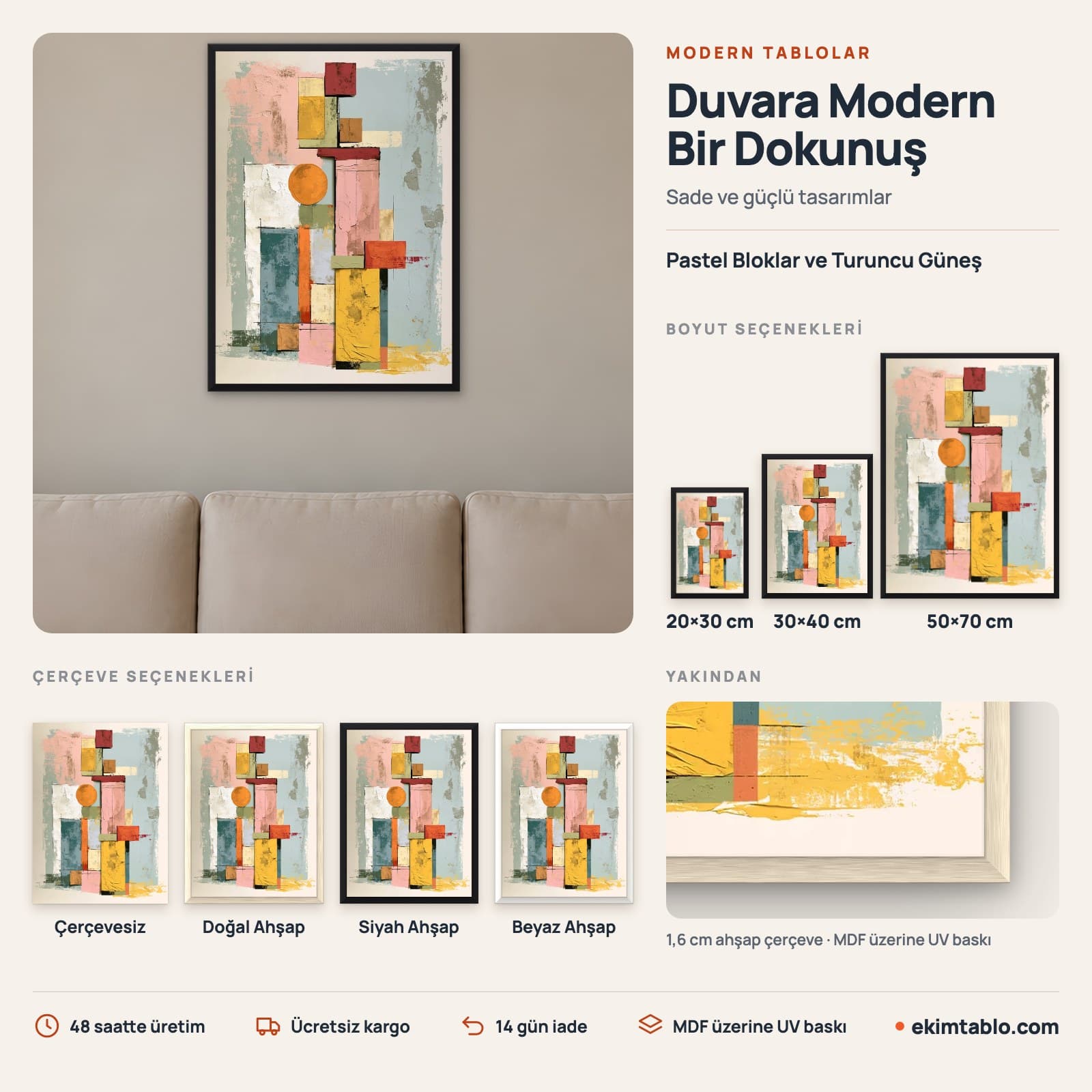 Pastel Bloklar ve Turuncu Güneş — boyut ve çerçeve seçenekleri