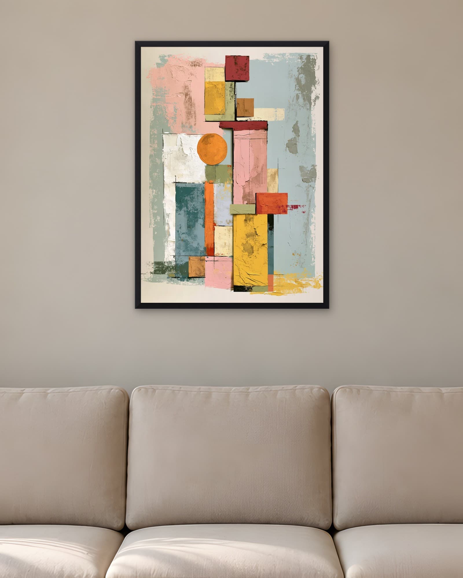 Pastel Bloklar ve Turuncu Güneş — Geometrik Duvar Tablosu, duvarda oda görünümü