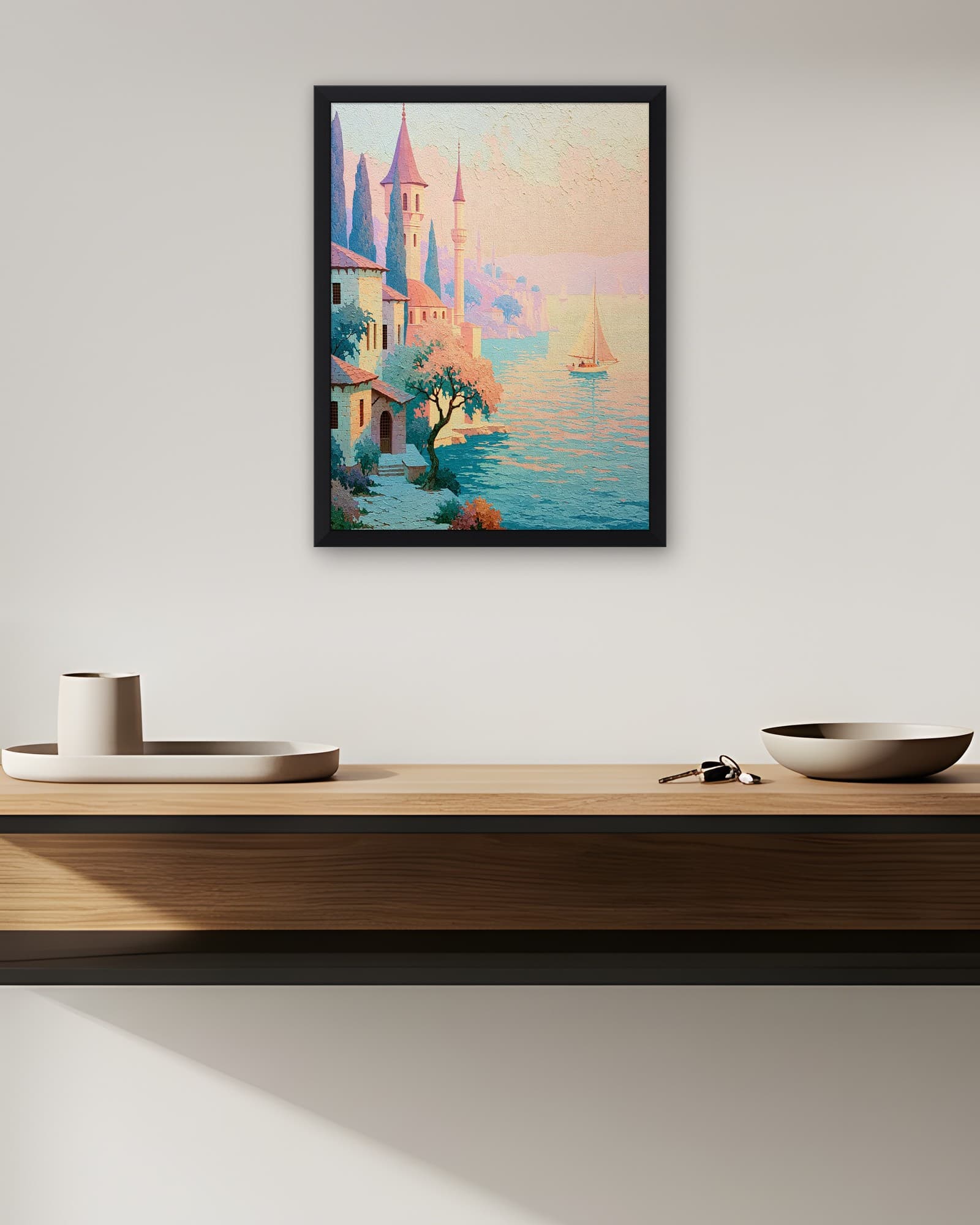Pastel Boğaz Kıyısı — İstanbul Duvar Tablosu, duvarda oda görünümü