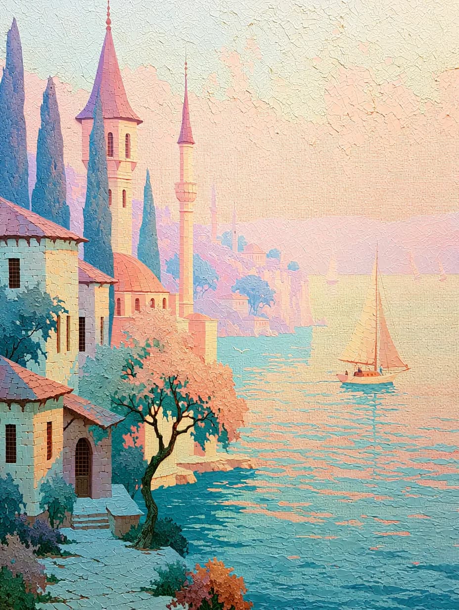 Pastel Boğaz Kıyısı — istanbul temalı UV baskı tablo