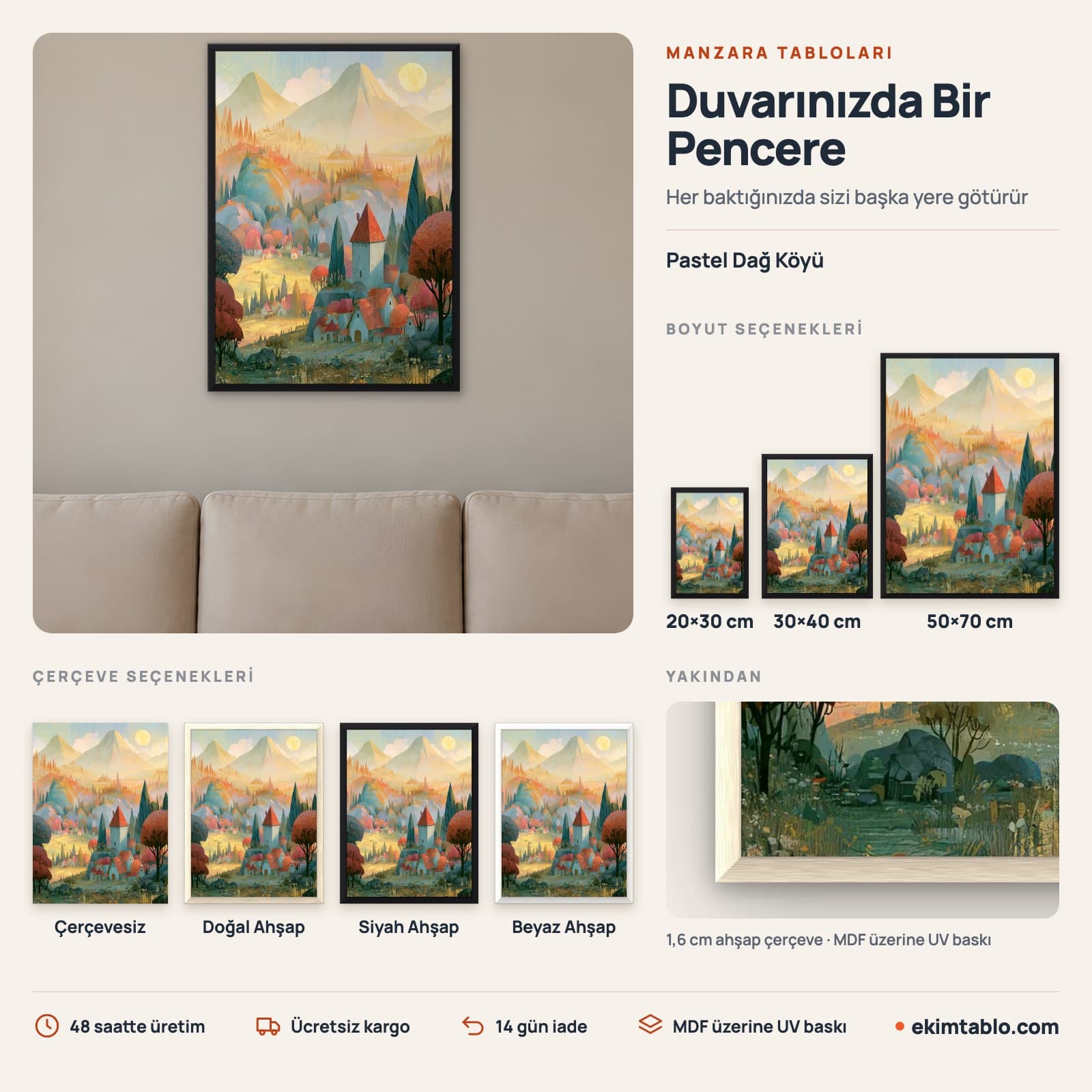Pastel Dağ Köyü — boyut ve çerçeve seçenekleri