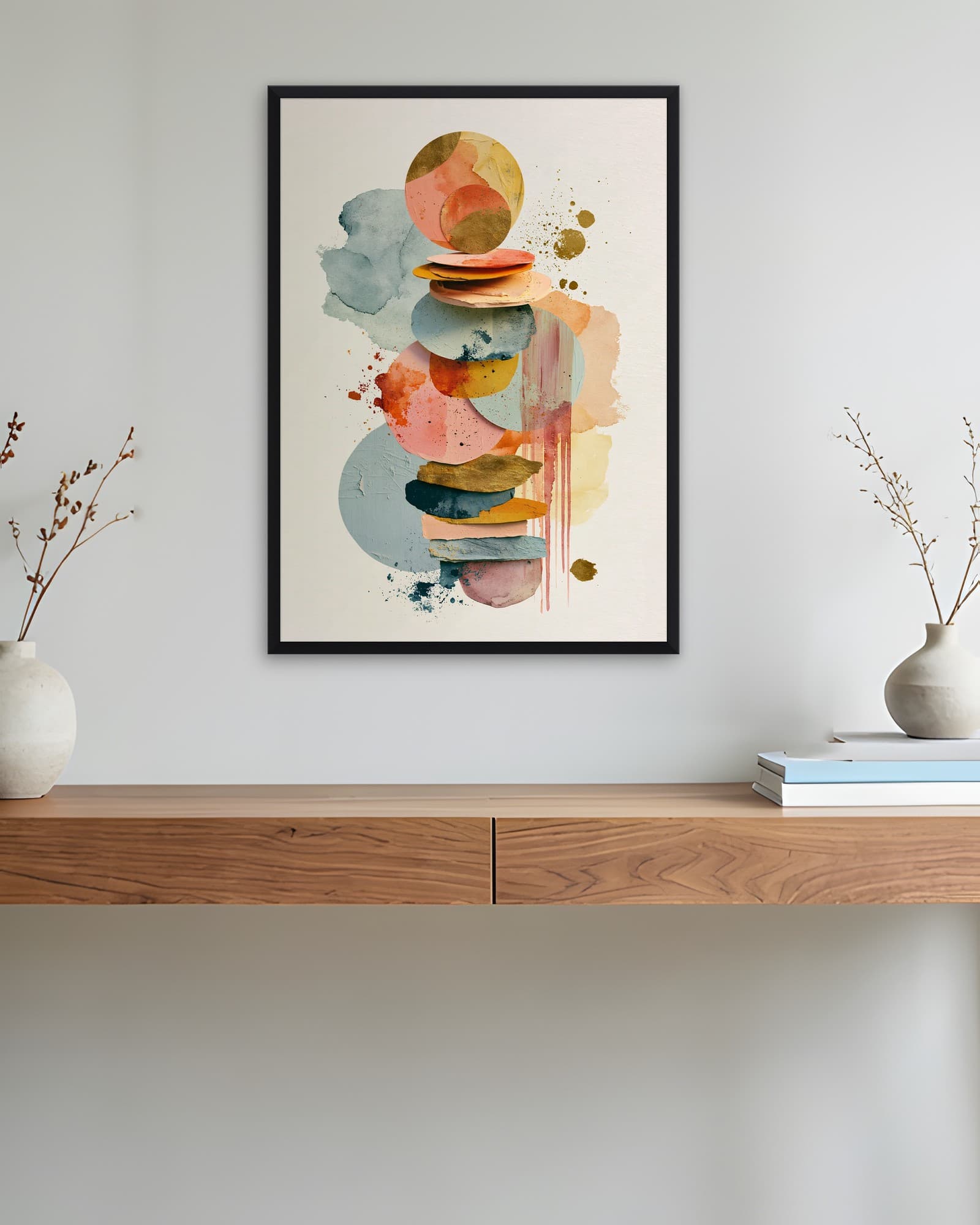 Pastel Daireler Dengesi — Geometrik Duvar Tablosu, duvarda oda görünümü