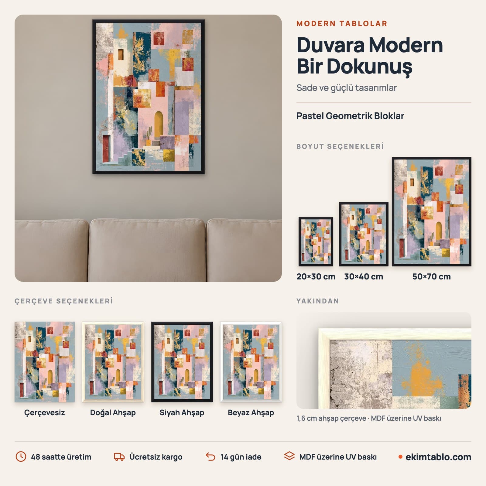 Pastel Geometrik Bloklar — boyut ve çerçeve seçenekleri