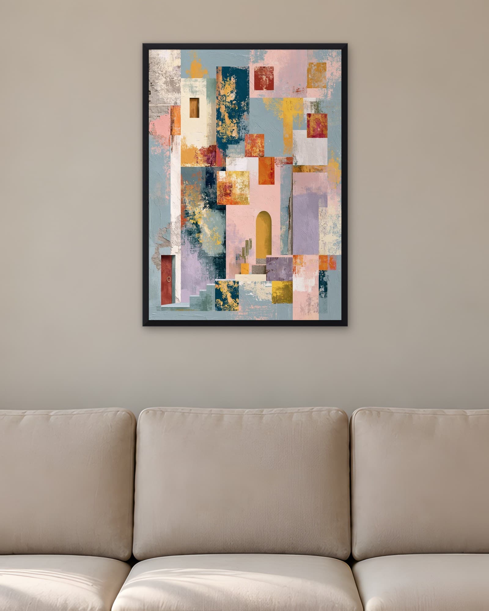 Pastel Geometrik Bloklar — Geometrik Duvar Tablosu, duvarda oda görünümü