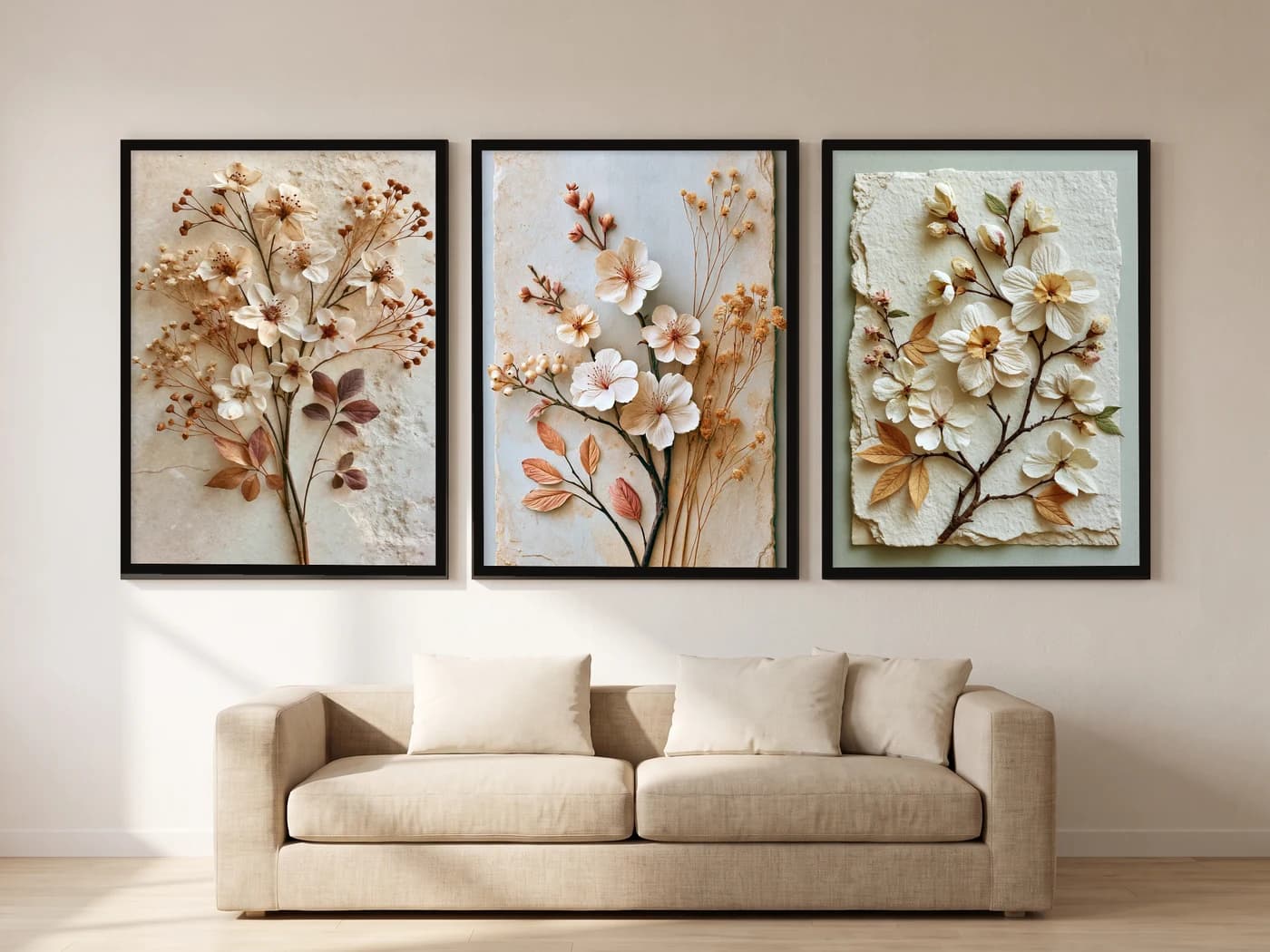 Pastel Kabartma Görünümlü Çiçek 3'lü Set — Tablo Seti, duvarda oda görünümü