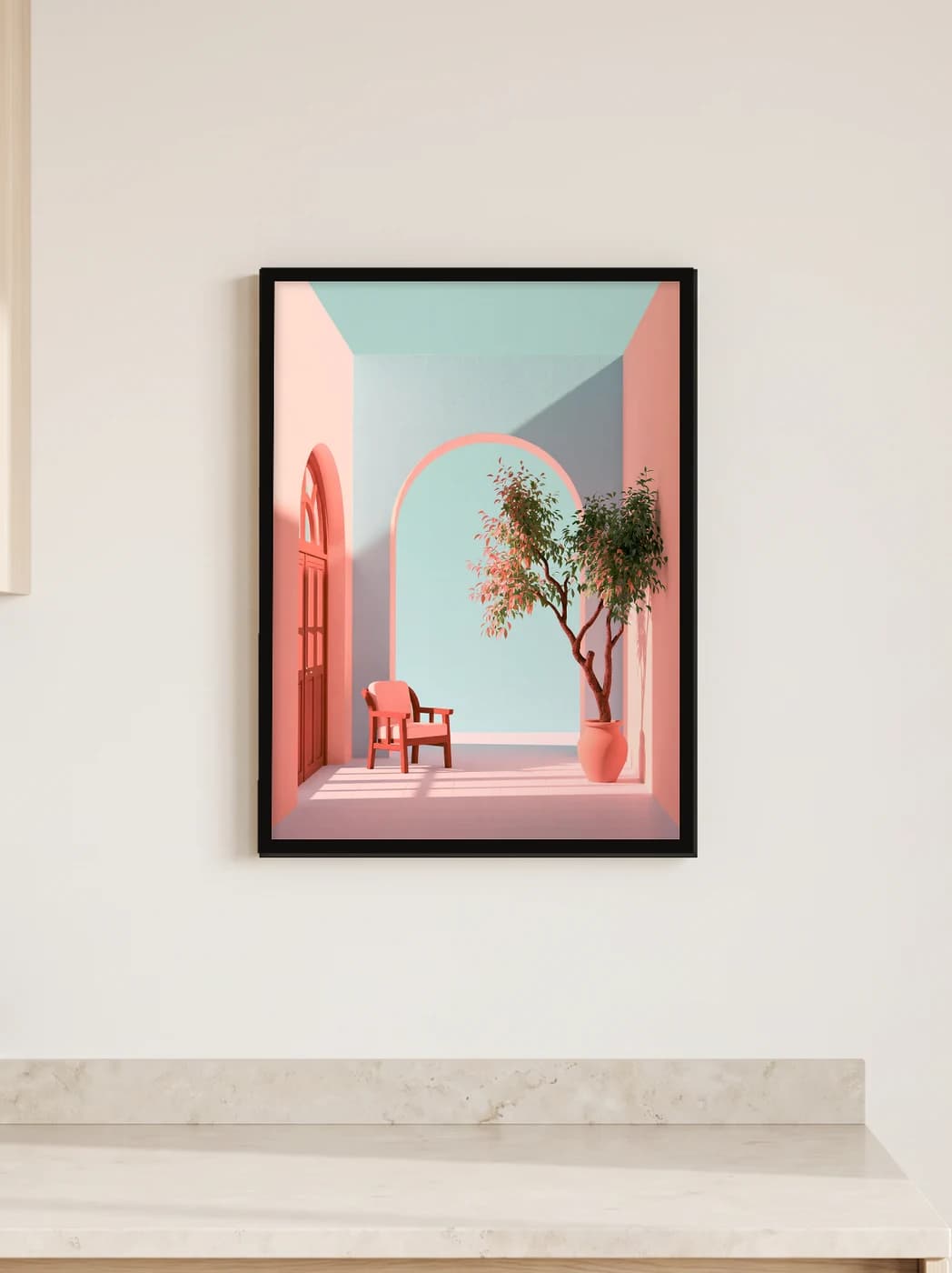 Pastel Kemerde Sandalye ve Ağaç — Dekoratif Duvar Tablosu, duvarda oda görünümü