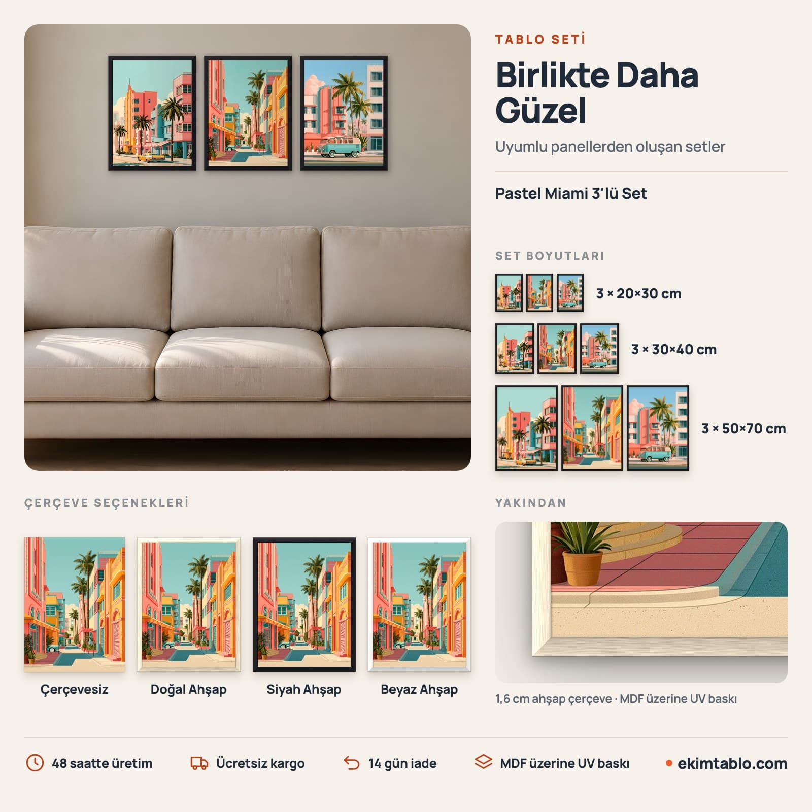 Pastel Miami 3'lü Set — boyut ve çerçeve seçenekleri