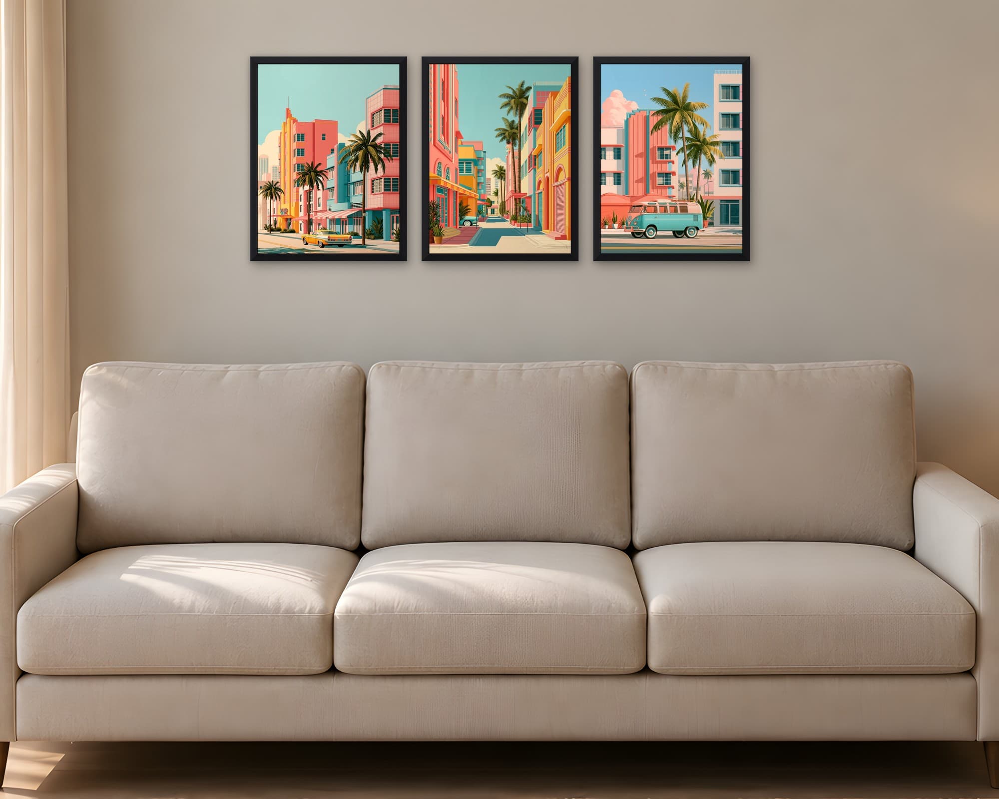 Pastel Miami 3'lü Set — Tablo Seti, duvarda oda görünümü