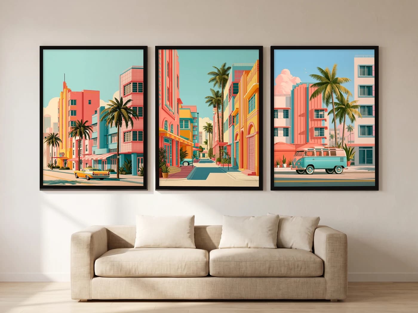 Pastel Miami 3'lü Set — Tablo Seti, duvarda oda görünümü