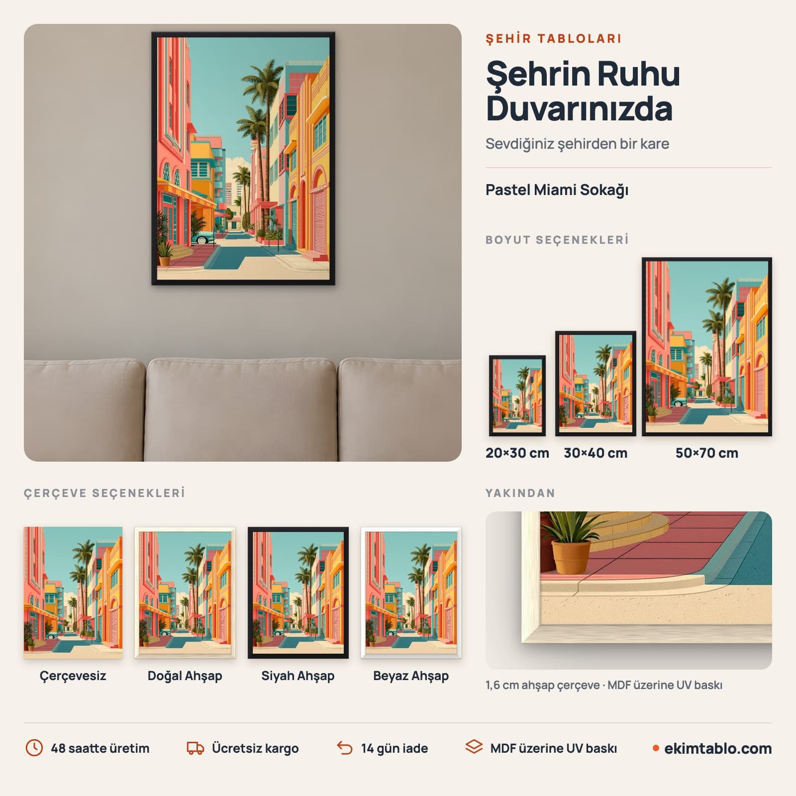 Pastel Miami Sokağı — boyut ve çerçeve seçenekleri