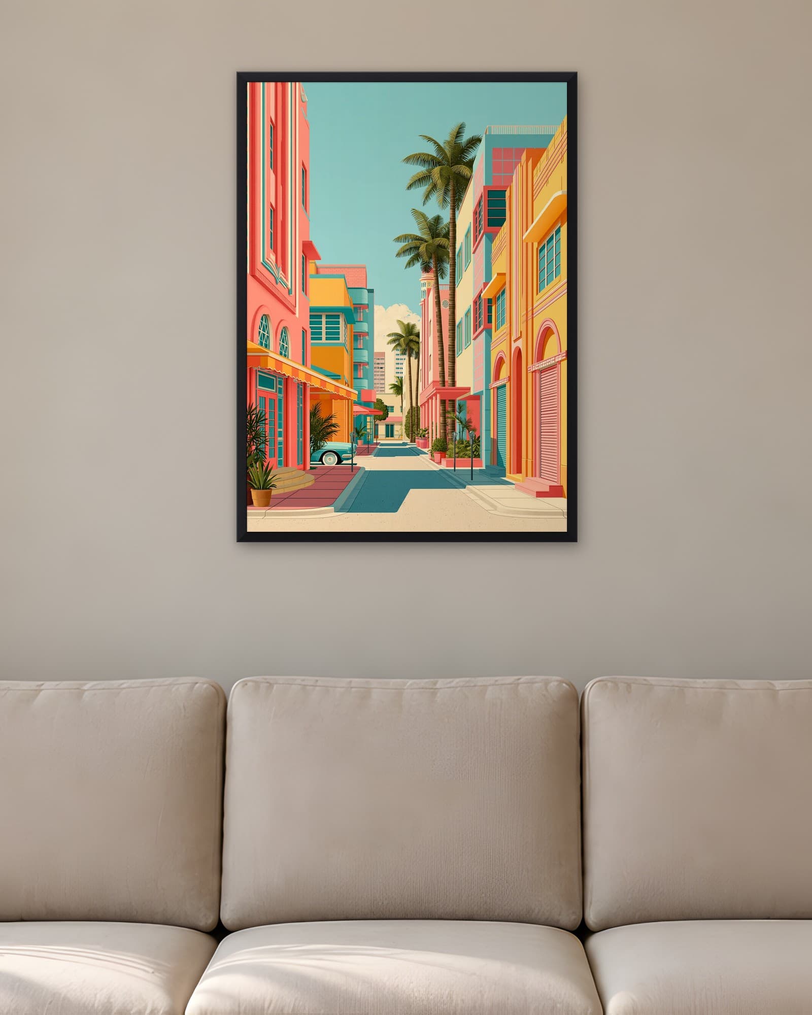 Pastel Miami Sokağı — Şehir Duvar Tablosu, duvarda oda görünümü