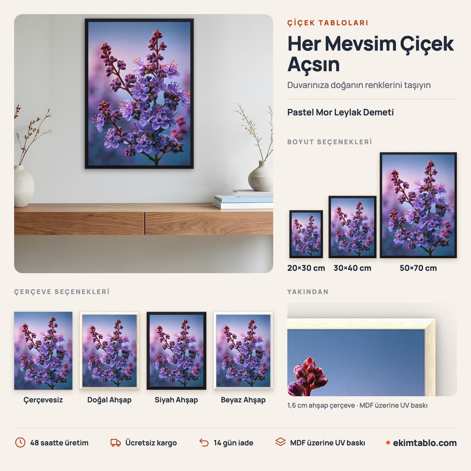 Pastel Mor Leylak Demeti — boyut ve çerçeve seçenekleri