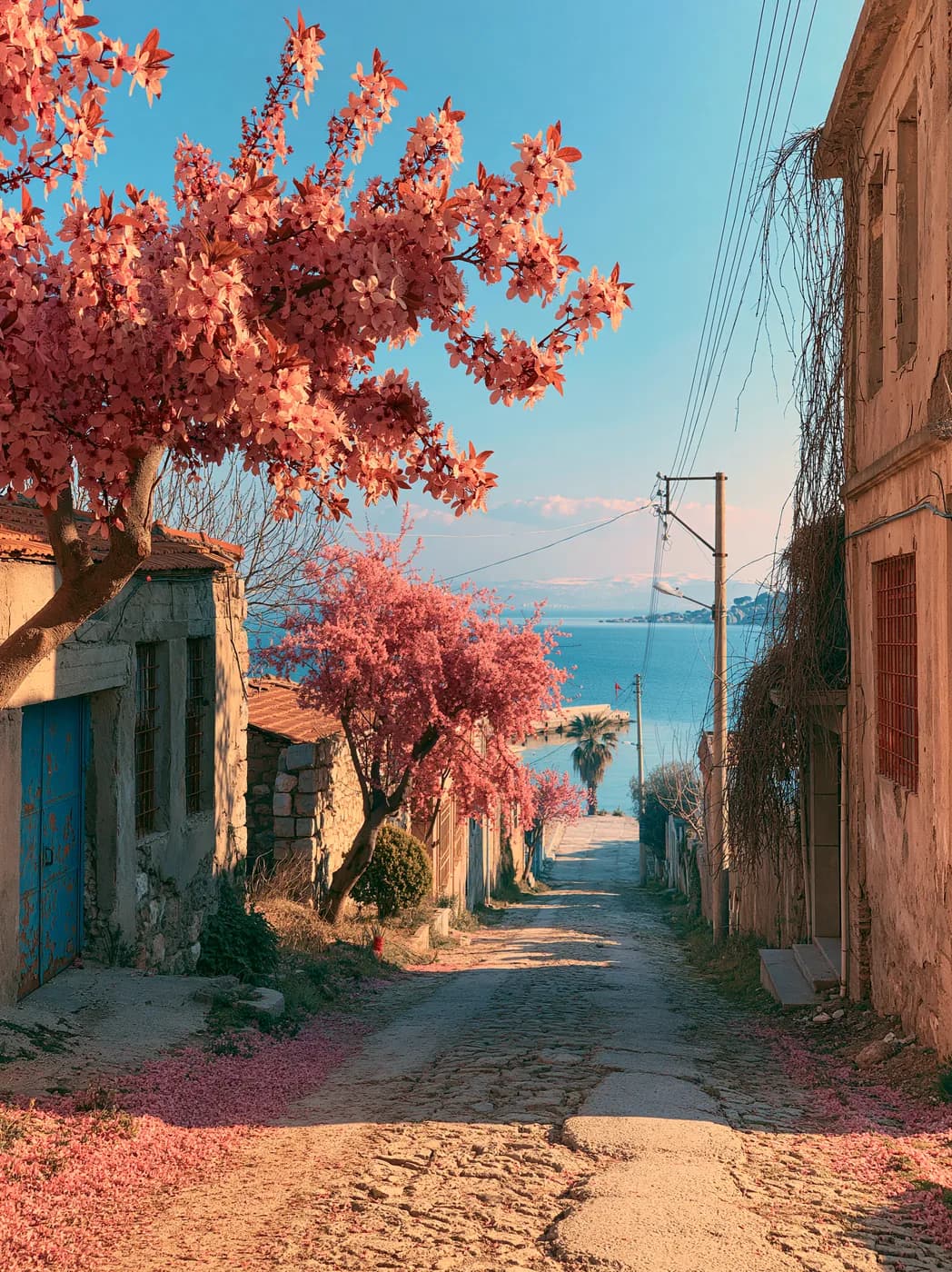 Pembe Bahar Ağaçlı Sokak — istanbul temalı UV baskı tablo