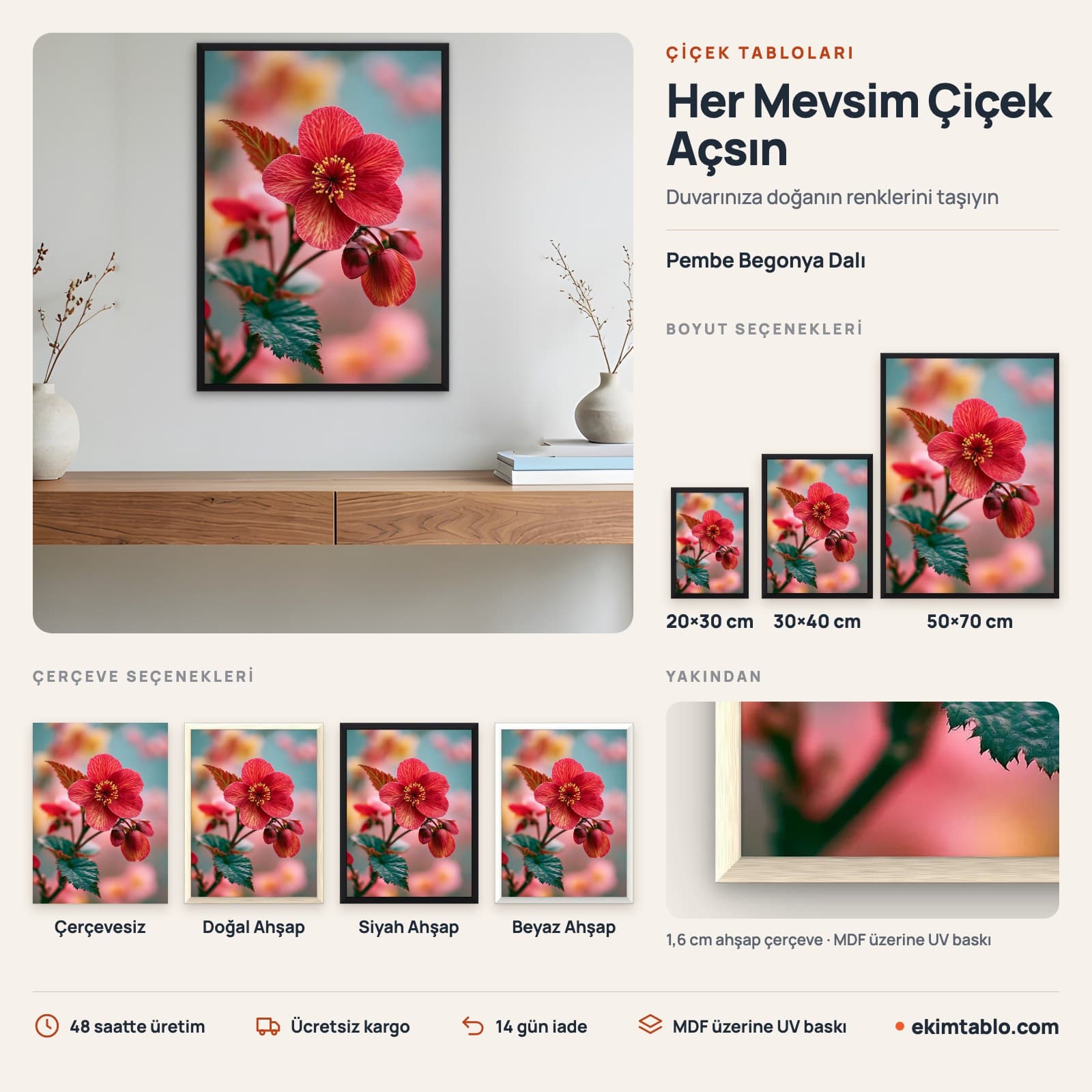 Pembe Begonya Dalı — boyut ve çerçeve seçenekleri