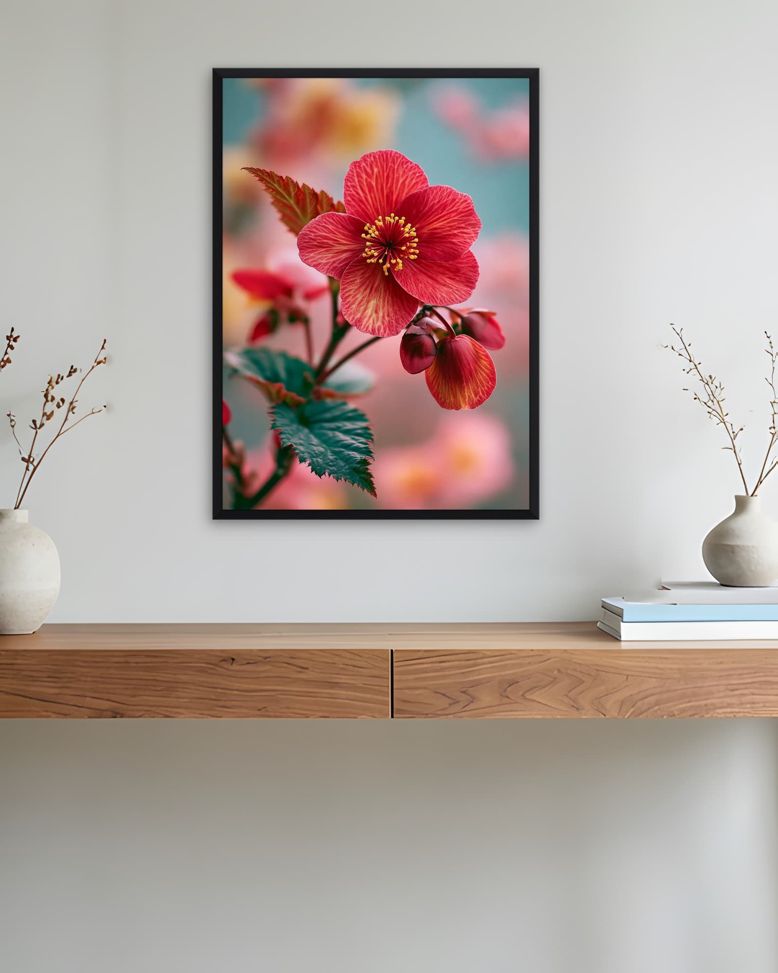 Pembe Begonya Dalı — Çiçek Duvar Tablosu, duvarda oda görünümü