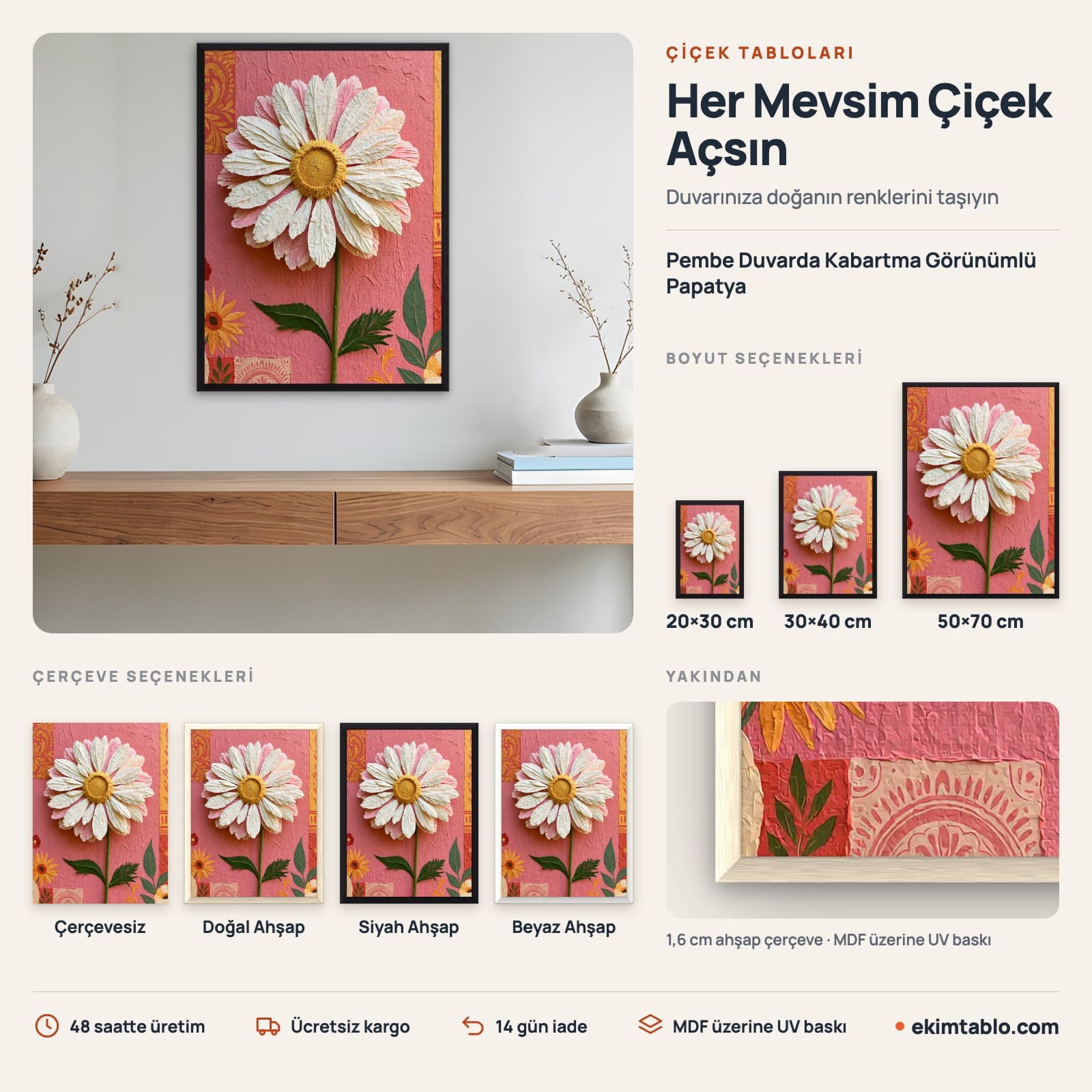 Pembe Duvarda Kabartma Görünümlü Papatya — boyut ve çerçeve seçenekleri