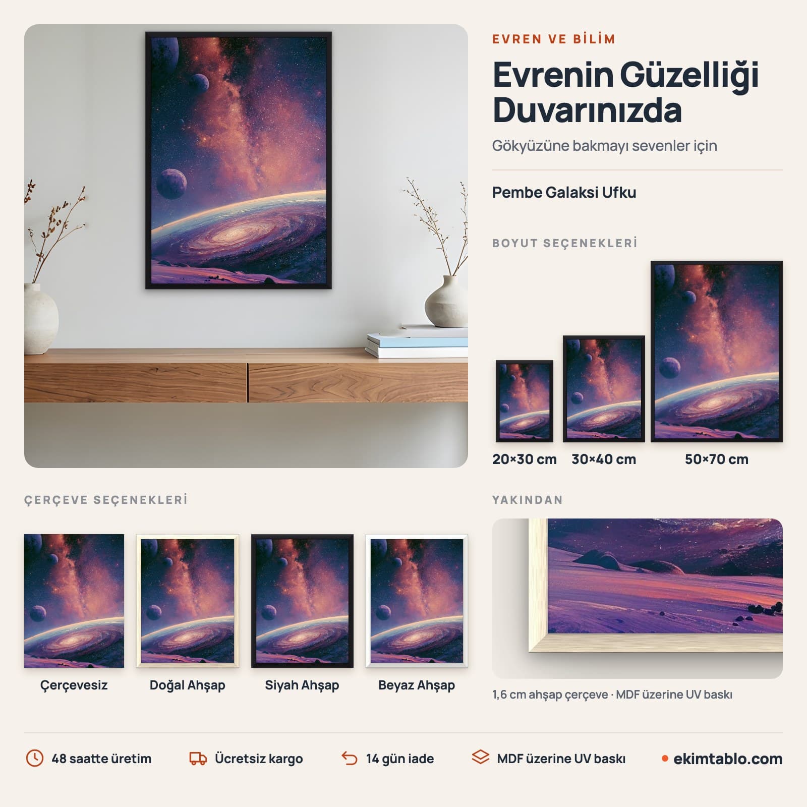 Pembe Galaksi Ufku — boyut ve çerçeve seçenekleri