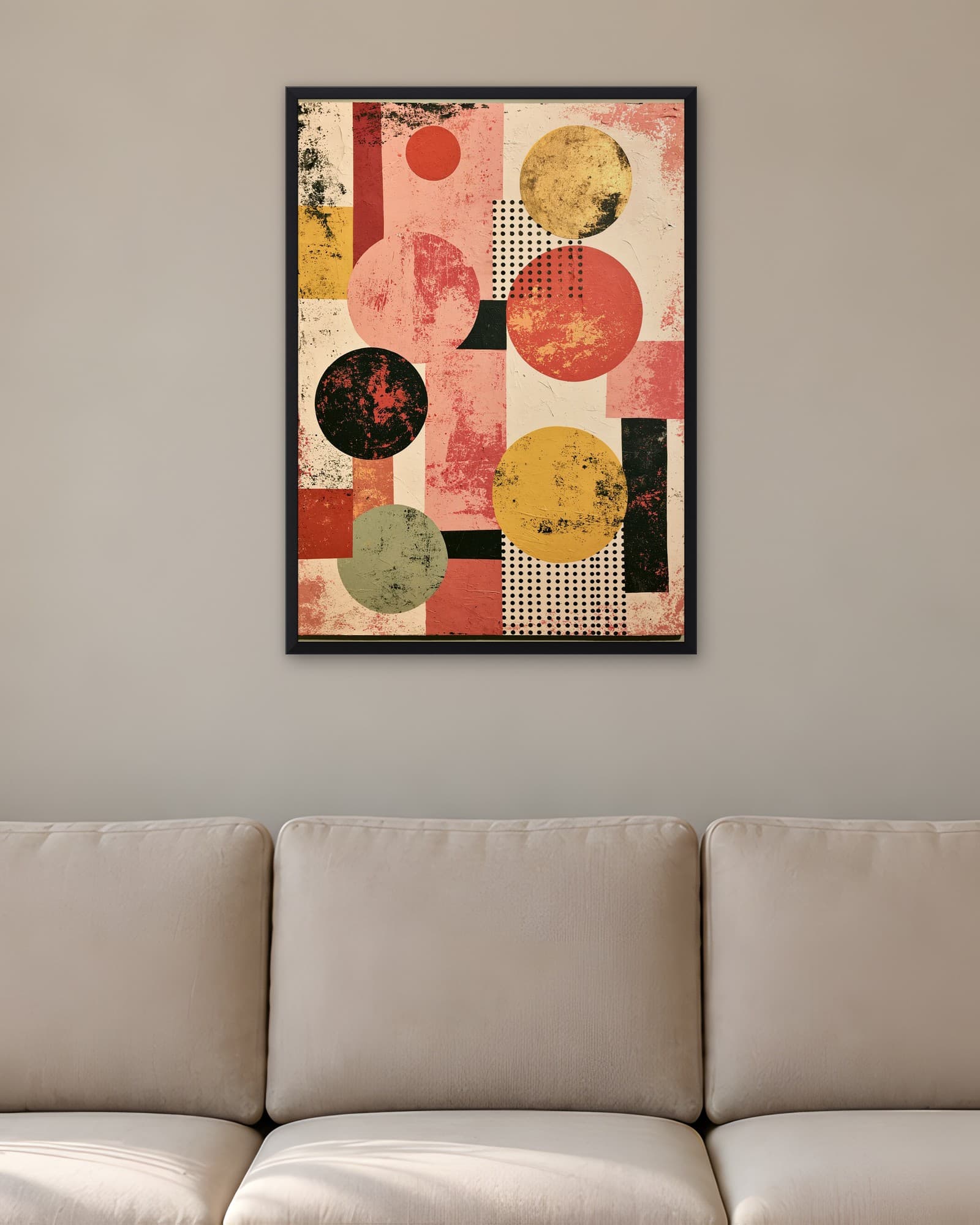 Pembe Hardal Geometrik Formlar — Geometrik Duvar Tablosu, duvarda oda görünümü