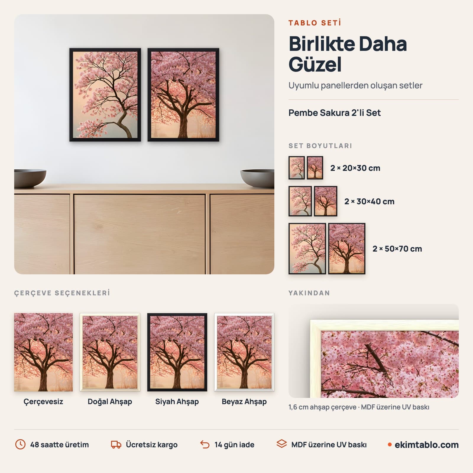Pembe Sakura 2'li Set — boyut ve çerçeve seçenekleri