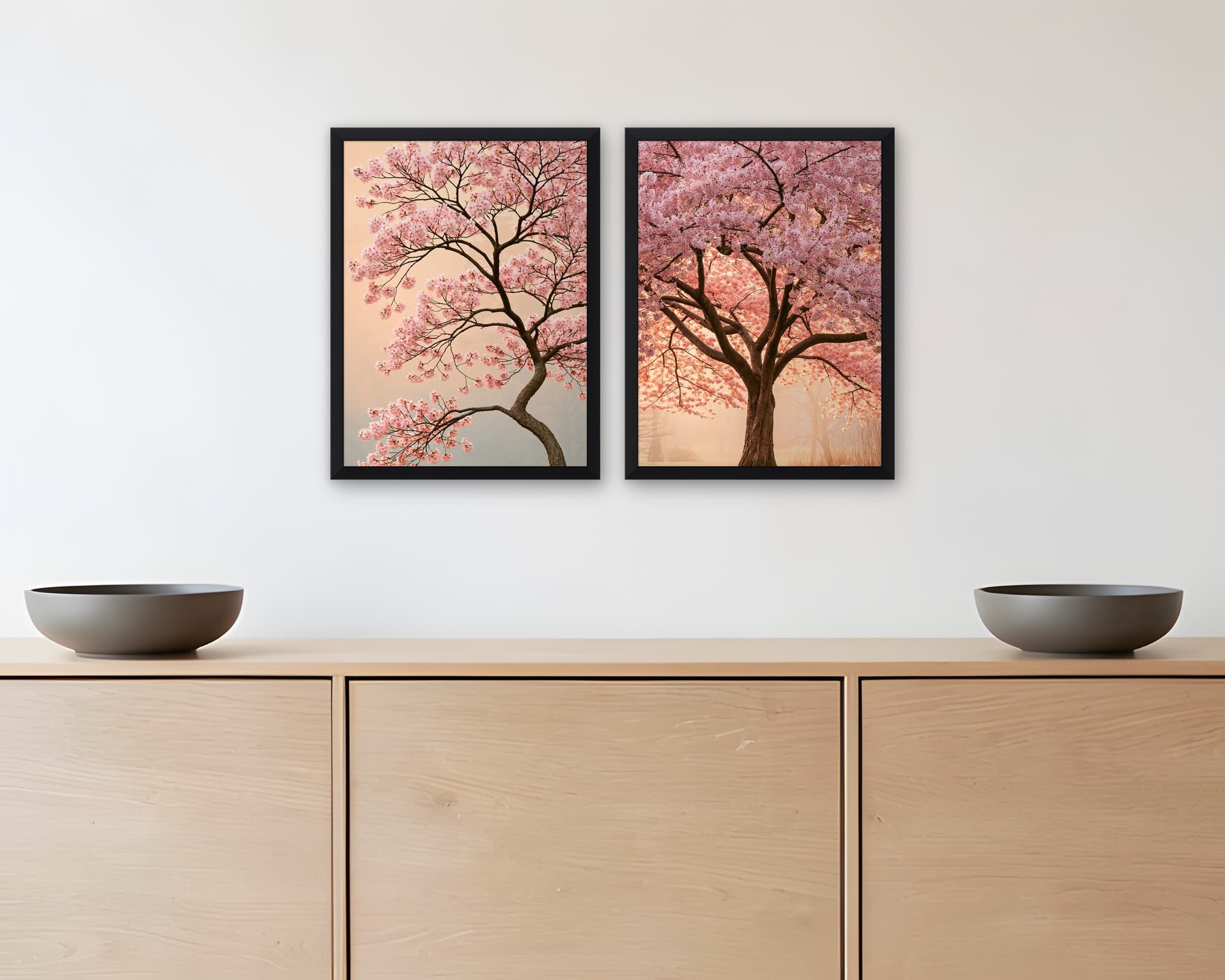 Pembe Sakura 2'li Set — Tablo Seti, duvarda oda görünümü