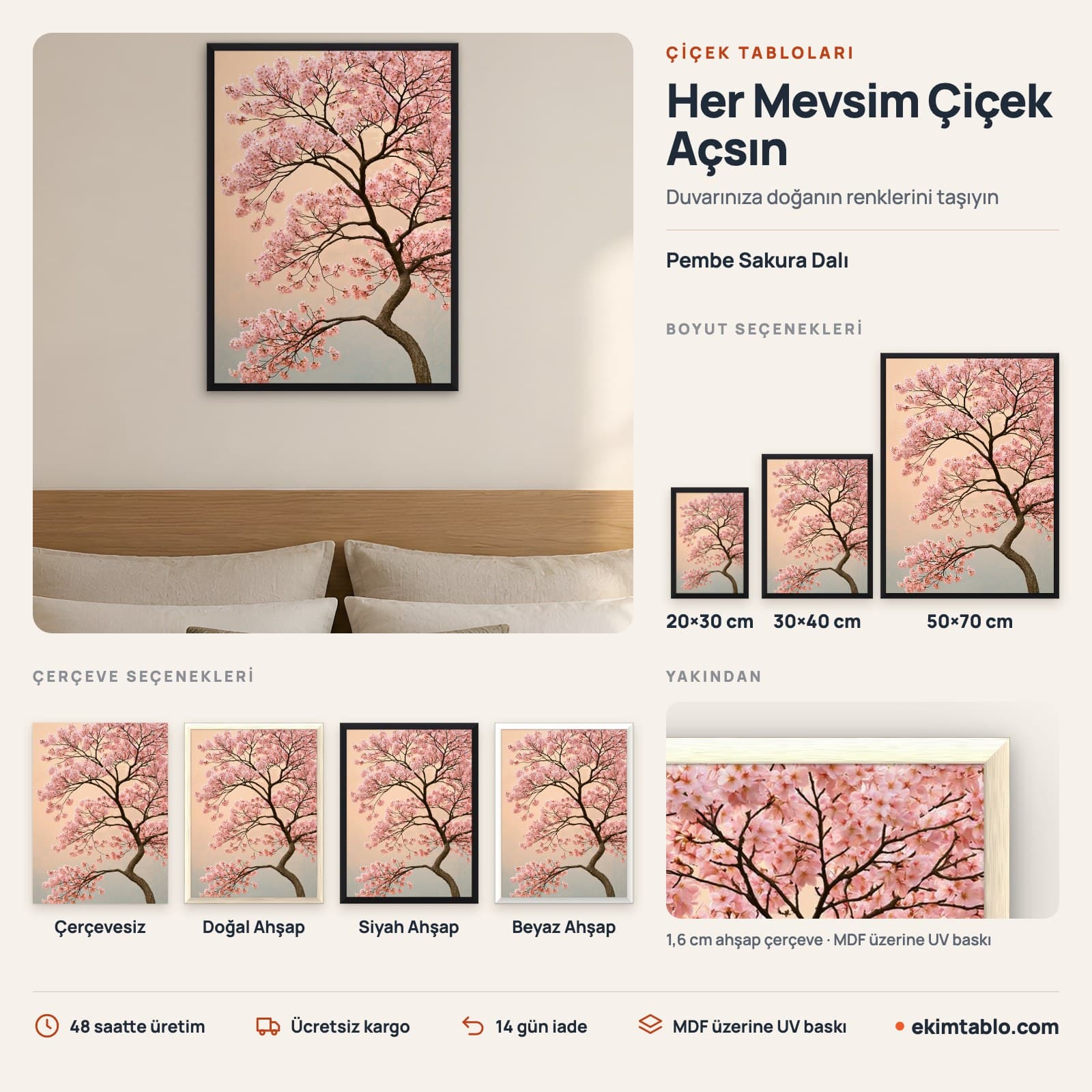 Pembe Sakura Dalı — boyut ve çerçeve seçenekleri