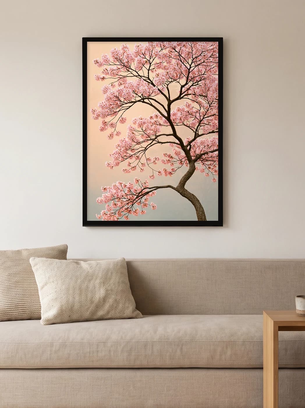 Pembe Sakura Dalı — duvarda oda görünümü