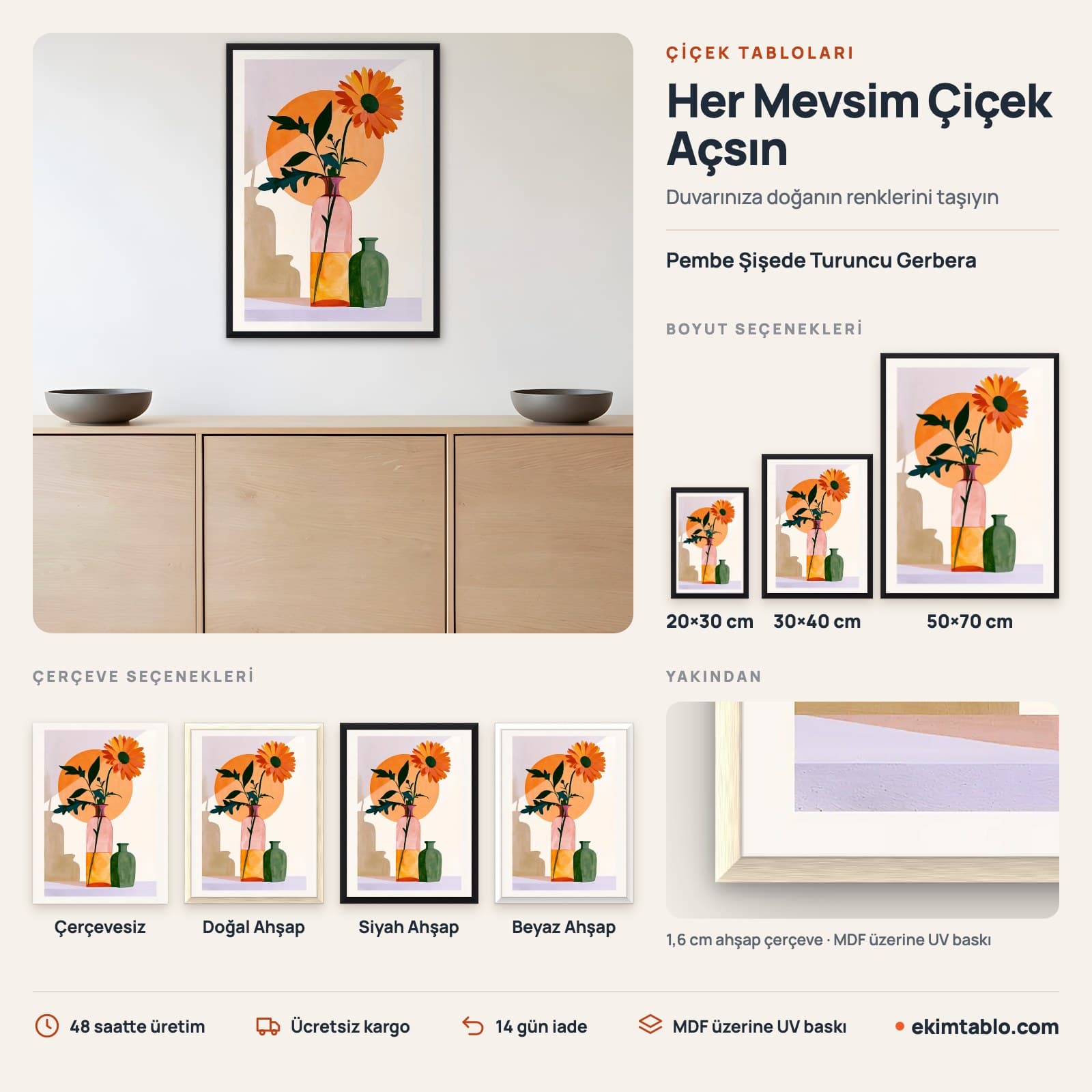 Pembe Şişede Turuncu Gerbera — boyut ve çerçeve seçenekleri