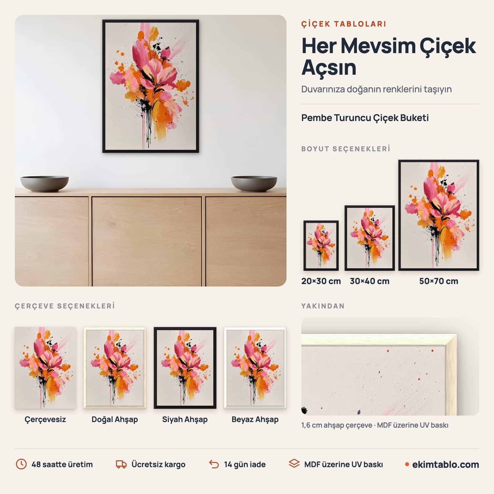 Pembe Turuncu Çiçek Buketi — boyut ve çerçeve seçenekleri